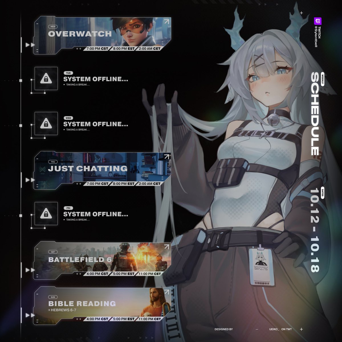 SylentBell's tweet photo. Weekly Schedule time!

Friday will be moved to Thursday, since I will be serving at a church event that evening 🙂‍↕️❤️ https://t.co/ClLhbJqv4M