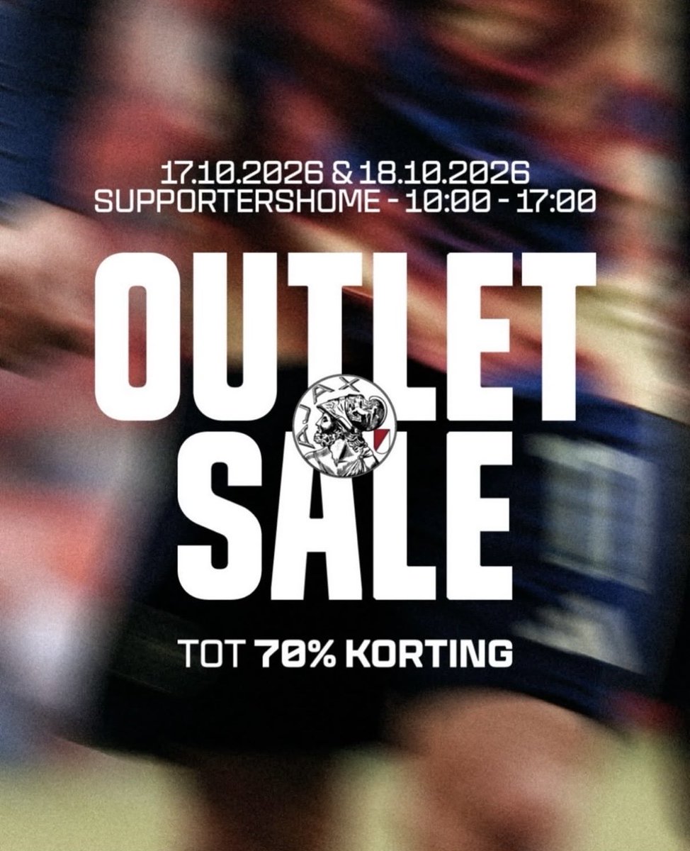 AFCASC's tweet photo. Hoge kortingen op Ajax-merchandise in Supportershome

Aanstaande zaterdag en zondag, 17 en 18 oktober, is er een outlet van de Ajax Fanshop in het Supportershome. Het leven van supporters is al duur genoeg, dus het is mooi dat je dit keer kan profiteren van korting tot 70%. https://t.co/7f4weA8SeF