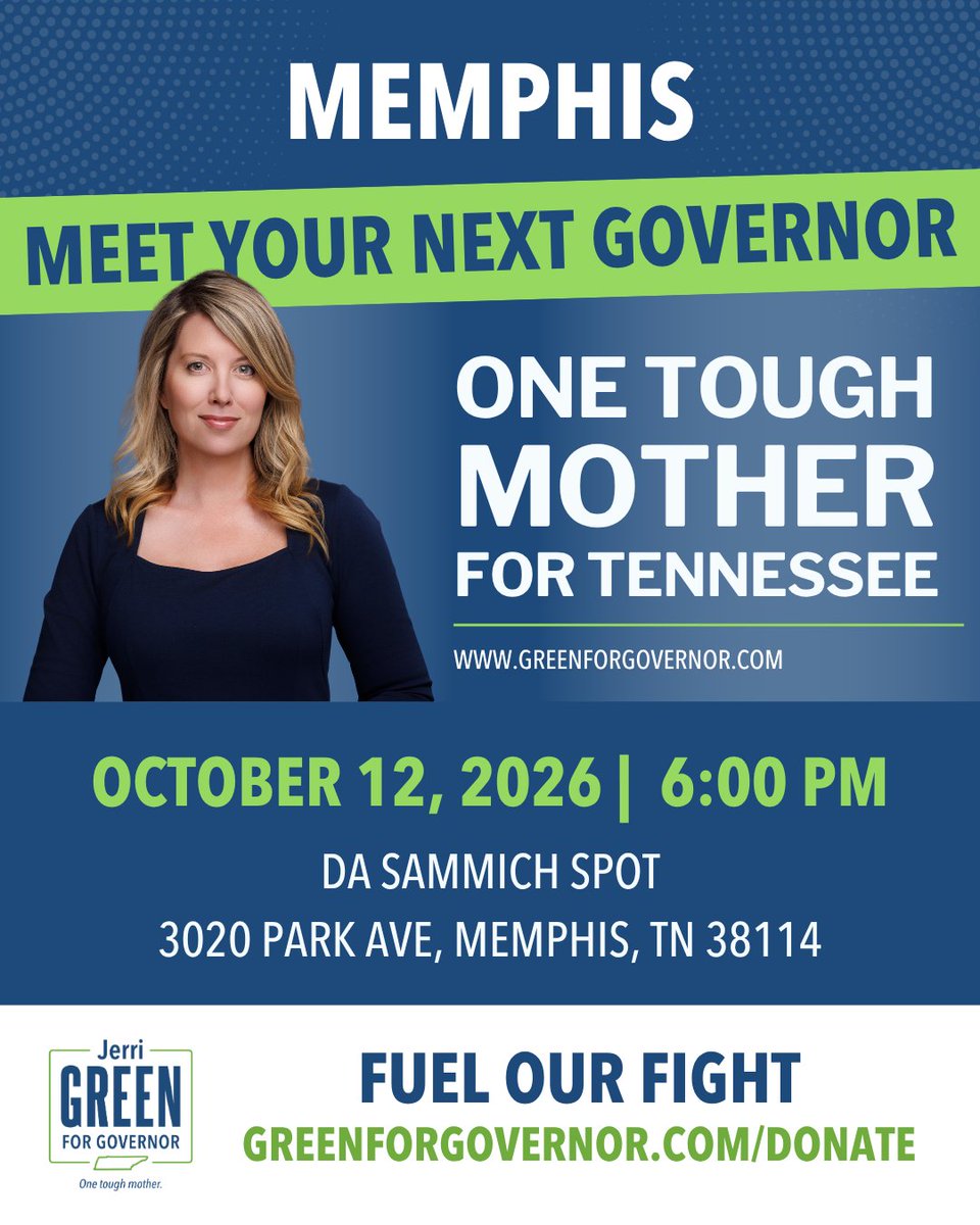 Jerri_M_Green's tweet photo. MEMPHIS: Come meet Democratic nominee for Governor Jerri Green TONIGHT at 6:00 PM at Da Sammich Spot. Hope to see you there! https://t.co/JJfqMUv41g