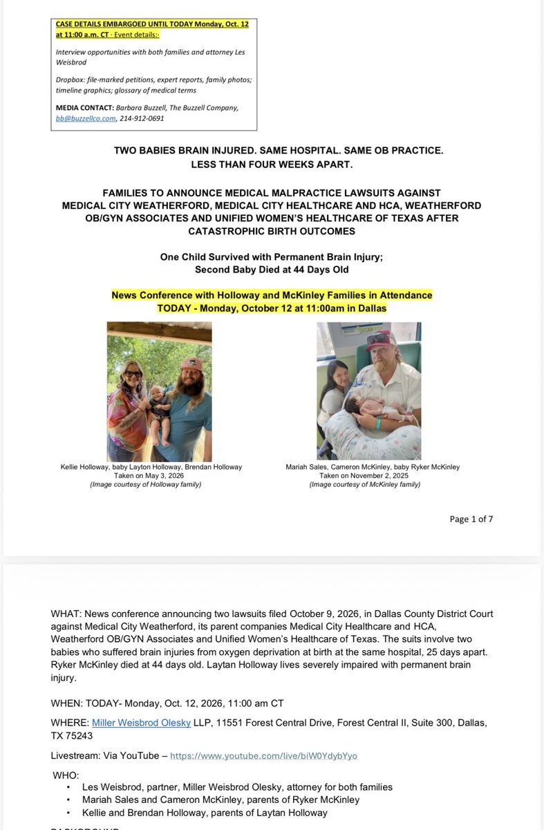 bblet's tweet photo. @MaryAnnreports Oct 12-Mon, 11am CT-Dallas- Two families. Two babies brain injured. One hospital. Same OB Group. The lawsuits allege Medical City Weatherford HCA was on notice after Laytan's injury and changed nothing before Ryker was born 25 days later. Ryker died at 44 days old. At Miller Weisbrod Olesky, 11551 Forest Central Dr, Ste 300, Dallas, TX 75243