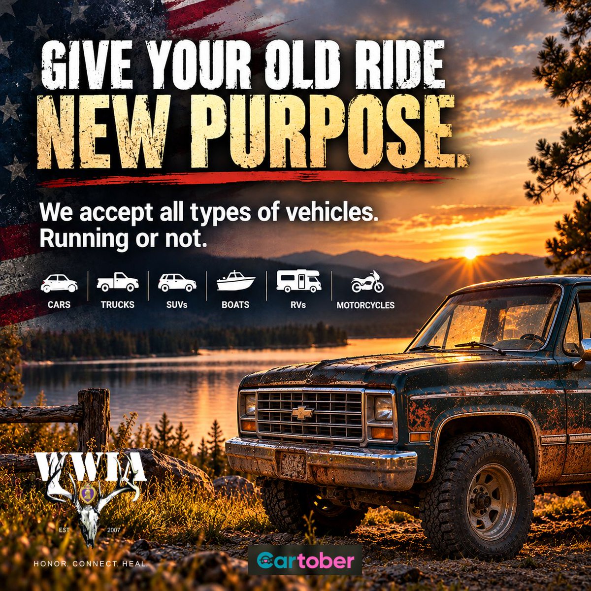 wwiaf's tweet photo. Give your old ride new purpose!
This Cartober, let your old vehicle make a new impact.
Donate your old vehicle here: https://t.co/LppHlxtSD9

Donate your old car, truck, motorcycle, RV, lawn mower, tractor, or boat and help the Wounded Warriors in Action Foundation provide Honor, Connection, and Healing to Purple Heart recipients across the country through world-class outdoor recreational activities nationwide. 
#Cartober #VehicleDonation #DonateYourCar #SupportVeterans
