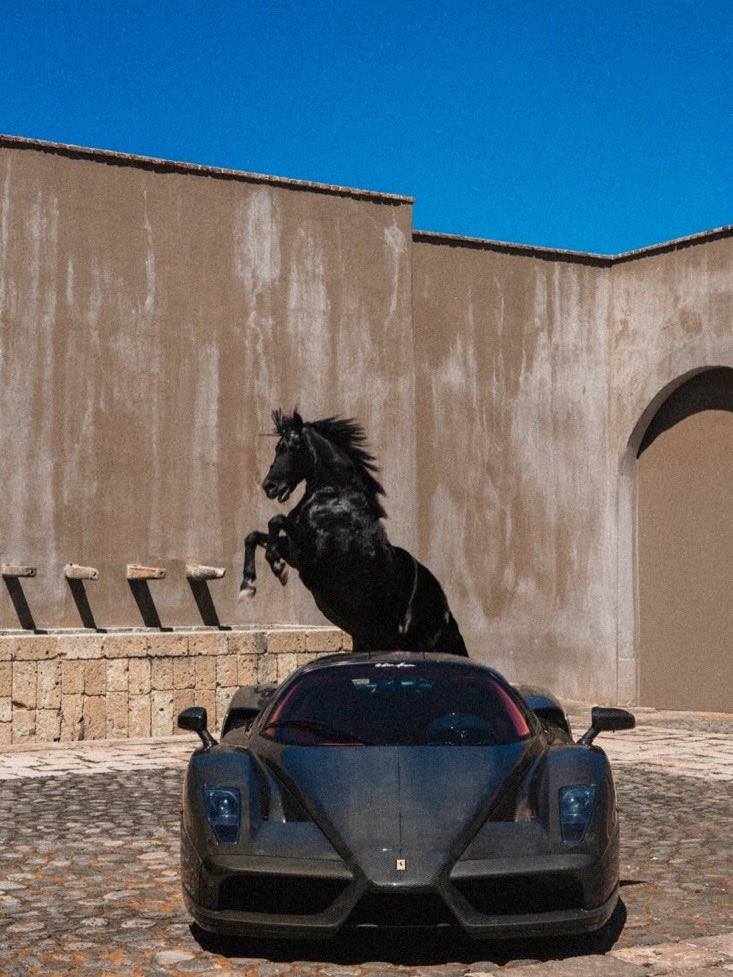 Indie5051's tweet photo. Estas fotografías fueron tomadas  en Hacienda Pastejé, en Jocotitlán, Estado de México, donde un Ferrari Enzo junto  con un caballo negro, crearon  una escena en la que el icónico emblema de la marca pareció cobrar vida. https://t.co/JxWZywuciL