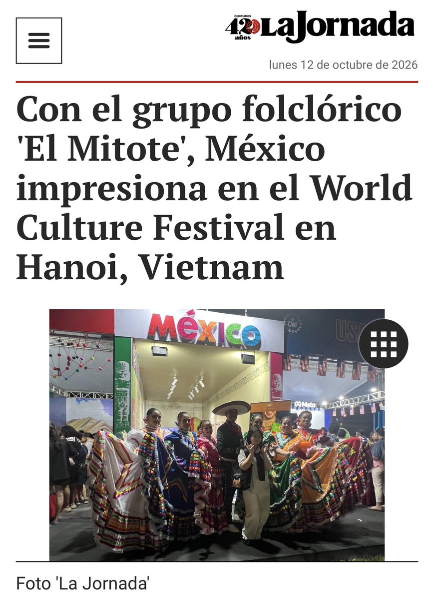 agarcialopezl's tweet photo. Felicito a MITOTE, grupo de danza folclórica de la comunidad mexicana en Singapur, por representar a México en el Festival de las Culturas en Hanói, Vietnam, y compartir nuestra riqueza cultural a través de la danza. 🇲🇽🇻🇳

#DiplomaciaCultural https://t.co/9Q7hkE1jUS