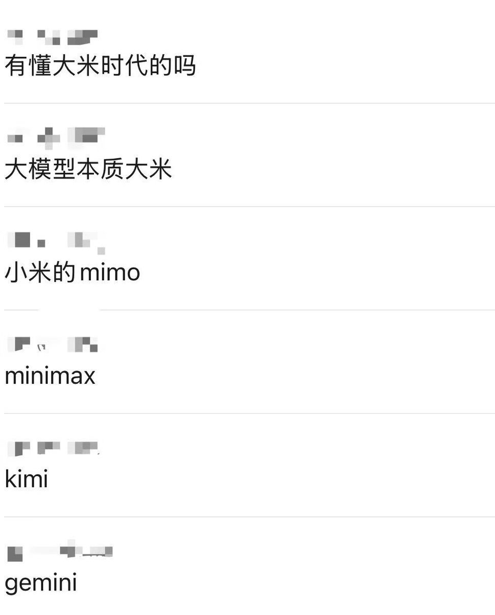 WShuiyin's tweet photo. 大模型本质是大米，有感觉么
Mimo MiniMax Kimi Gemini
哈哈哈哈哈哈被朋友逗死了 https://t.co/ZWGgloMqhy