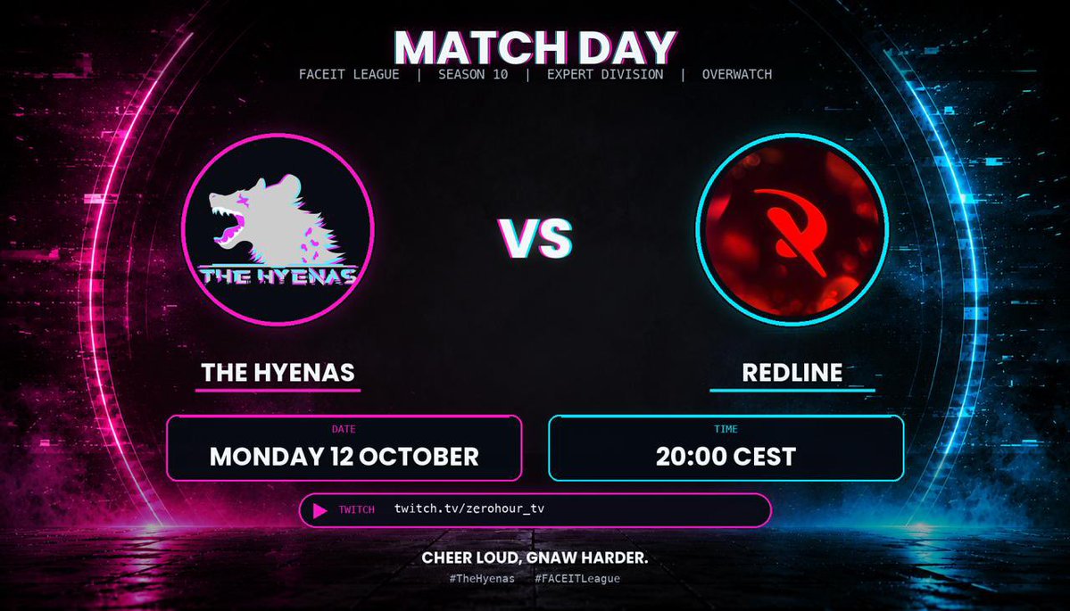 TheHyenasOW's tweet photo. Redline ahead. The pack is ready to push the pace. 🐾

The Hyenas vs Redline  
Tonight · 20:00 CEST  
Live on https://t.co/hh8mmGNDfq

#TheHyenas #FACEITLeague

Cheer Loud, Gnaw Harder. https://t.co/jzhPLDWSmO