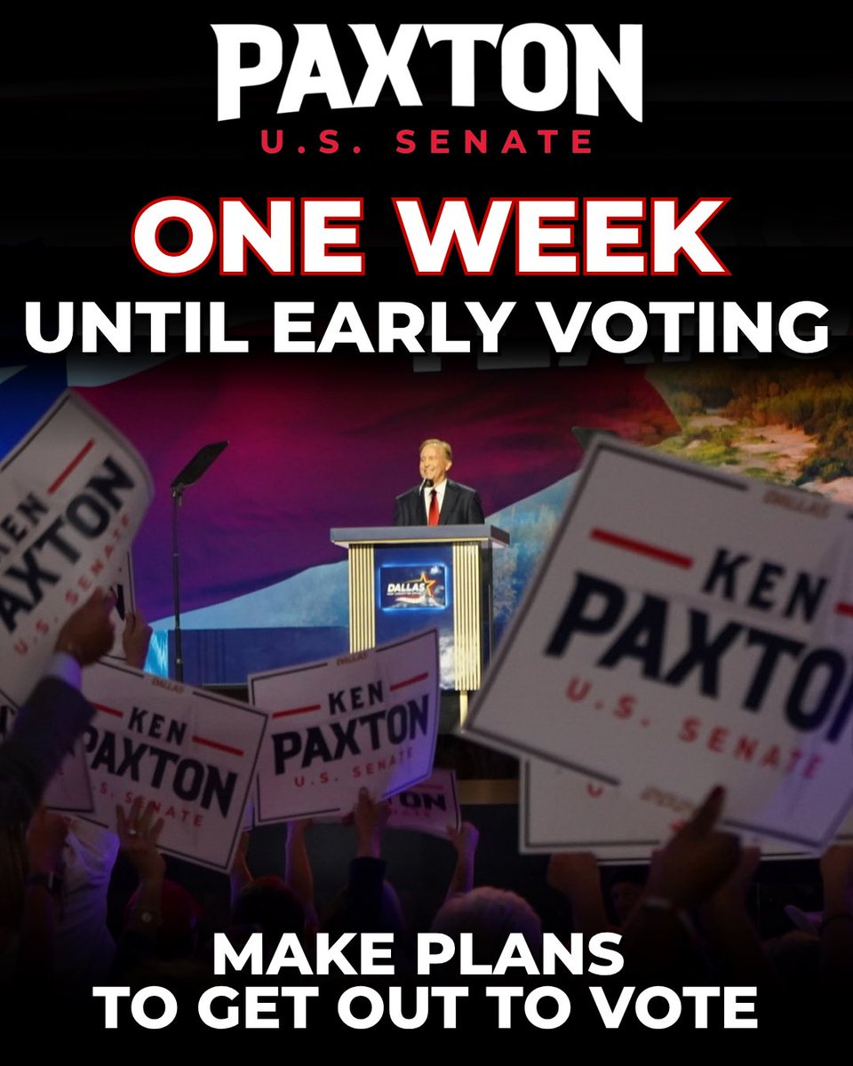 KenPaxtonTX's tweet photo. ONE WEEK until early voting starts in Texas.

They’re coming after our way of life, and I’m fighting back. Now I need you in the fight with me.

Make your plan to vote early starting Monday, October 19. Find your polling place: https://t.co/EVLUbvzIKH https://t.co/PzNE9JIoLl