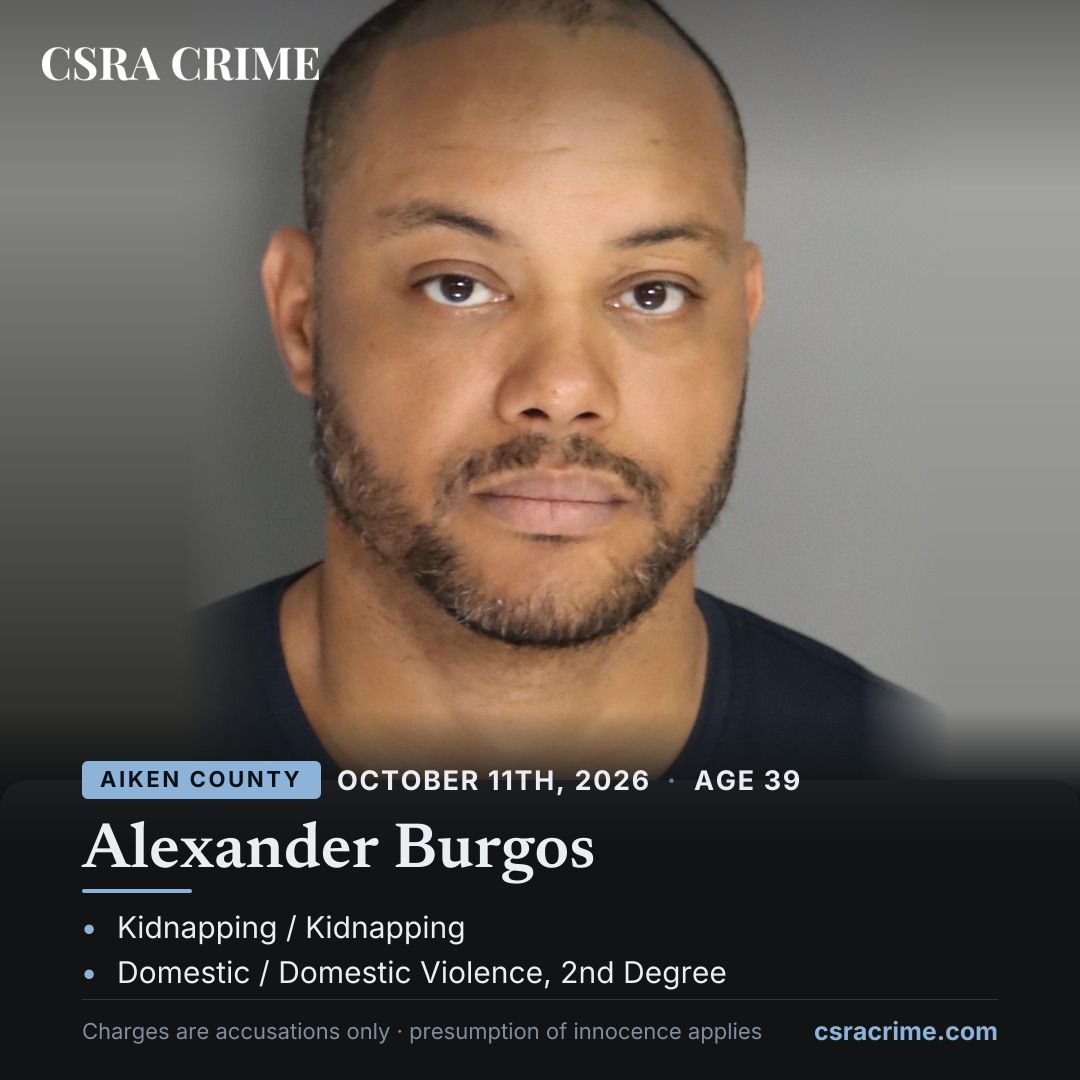 csracrime's tweet photo. Booked in Aiken County: Alexander Burgos. He was booked on a kidnapping charge, along with domestic violence, 2nd degree. Presumption of innocence applies.

#CSRACrime #Aiken

https://t.co/9tgrOY19WR https://t.co/FJhM7S9Ovl