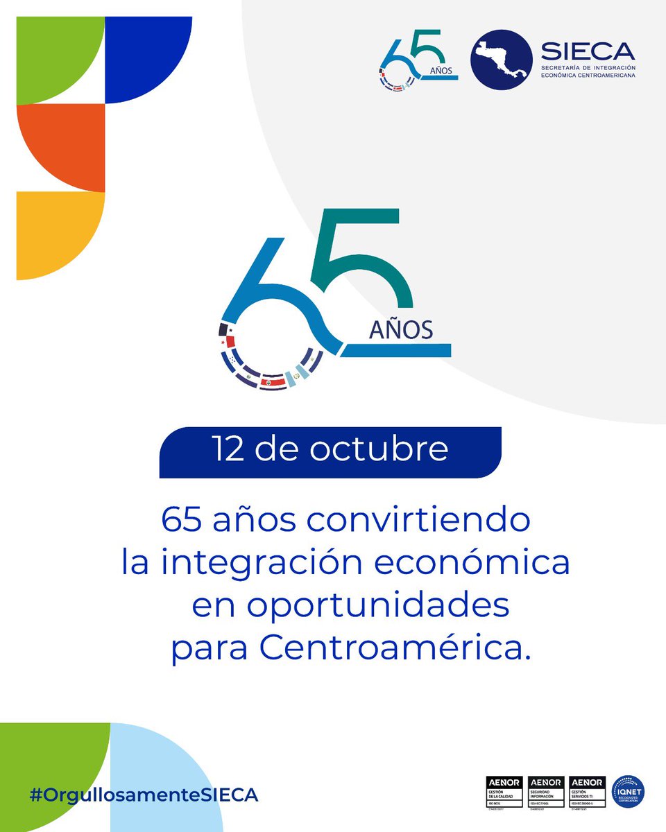 sg_sieca's tweet photo. Hoy en la SIECA celebramos 65 años de compromiso con la integración económica centroamericana, un camino que seguimos recorriendo junto a los Estados Parte del Subsistema de Integración Económica 🇬🇹🇸🇻🇭🇳🇳🇮🇨🇷🇵🇦y al talento humano que, con su dedicación y esfuerzo, contribuye cada día al desarrollo de nuestra región.