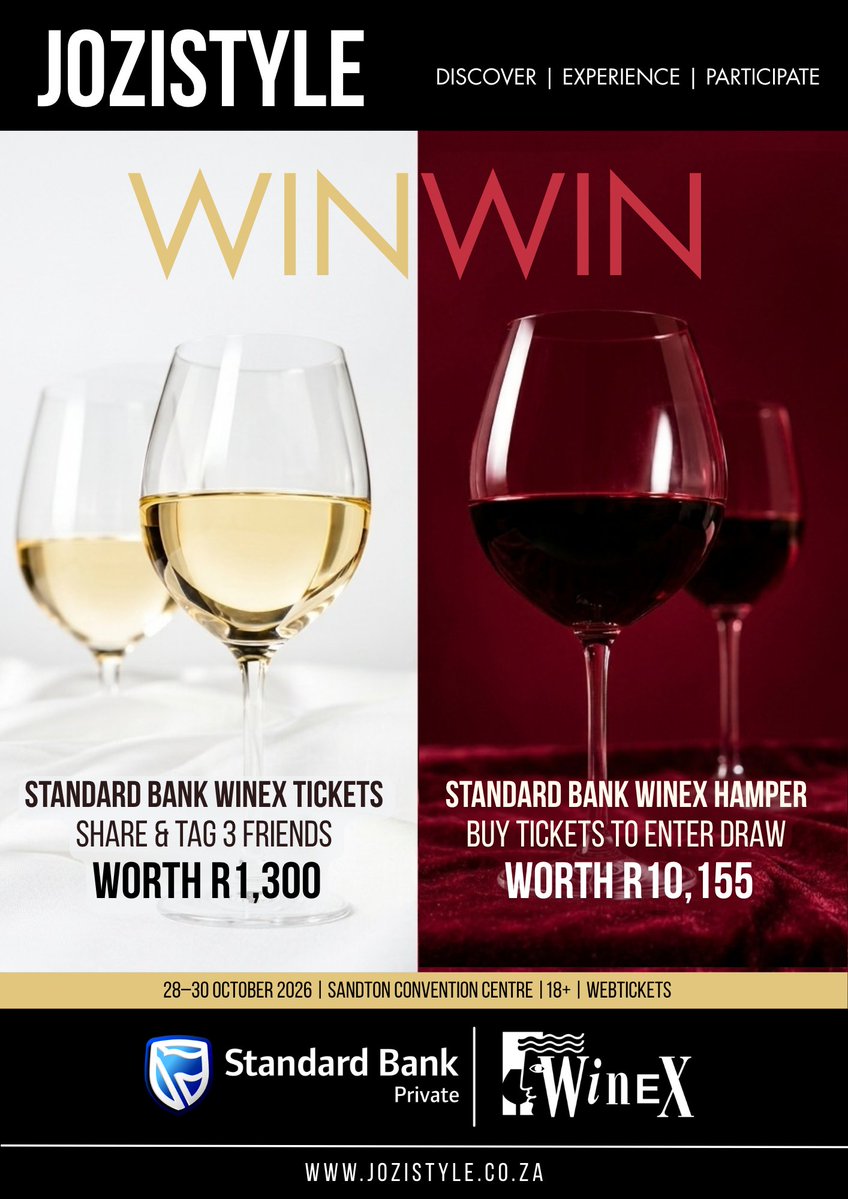 JoziStyle's tweet photo. I'm giving away two exciting prizes with #SBWineX:

* 2 x 4 Standard Bank WineX tickets. (Worth R1,300)
* A Standard Bank WineX Hamper. (Worth R10,155)

Which one do you want?

#WineXJOZISTYLE @SBWineX https://t.co/9NOtZbGMa2
