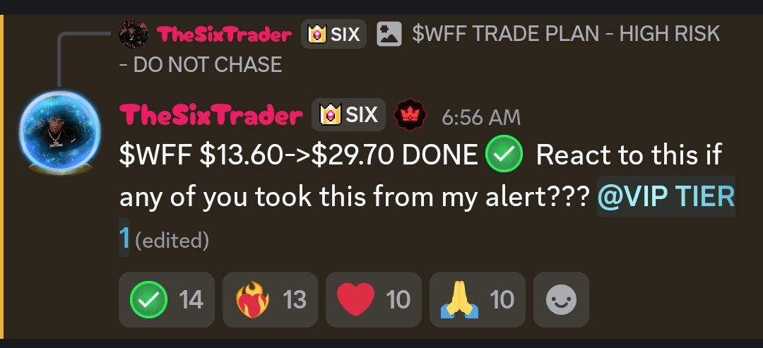 Gmanct1b's tweet photo. GREAT START TO THE WEEK

$MNDR $2.20 → $4.34 ✅ 
$DAIC $3.20 → $3.70 ✅ 
$YMAT $2.72 → $3.00 ✅ 
$WFF $13.60 → $29.70 ✅ 

Alerts posted. Levels given. Targets hit. https://t.co/70VGWfVFAL