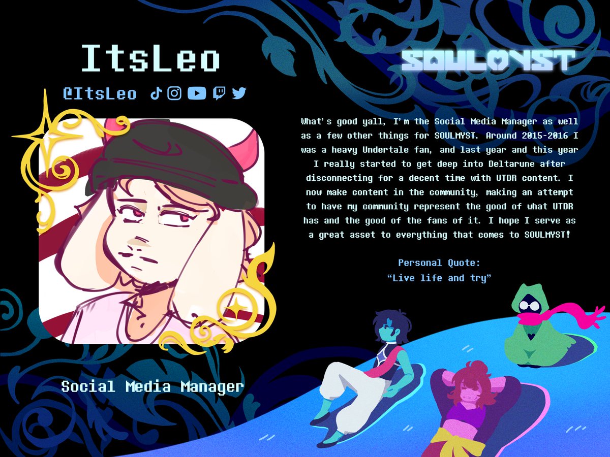 studioplovers's tweet photo. Meet the members of the team behind SOULMYST, meet our helping hand in social media management, the person who brought to you all these posts: @ItsLeoTheGoat 

#deltarune #SOULMYST_AU #indieanimation #deltaruneau https://t.co/ymOeBuTiGD