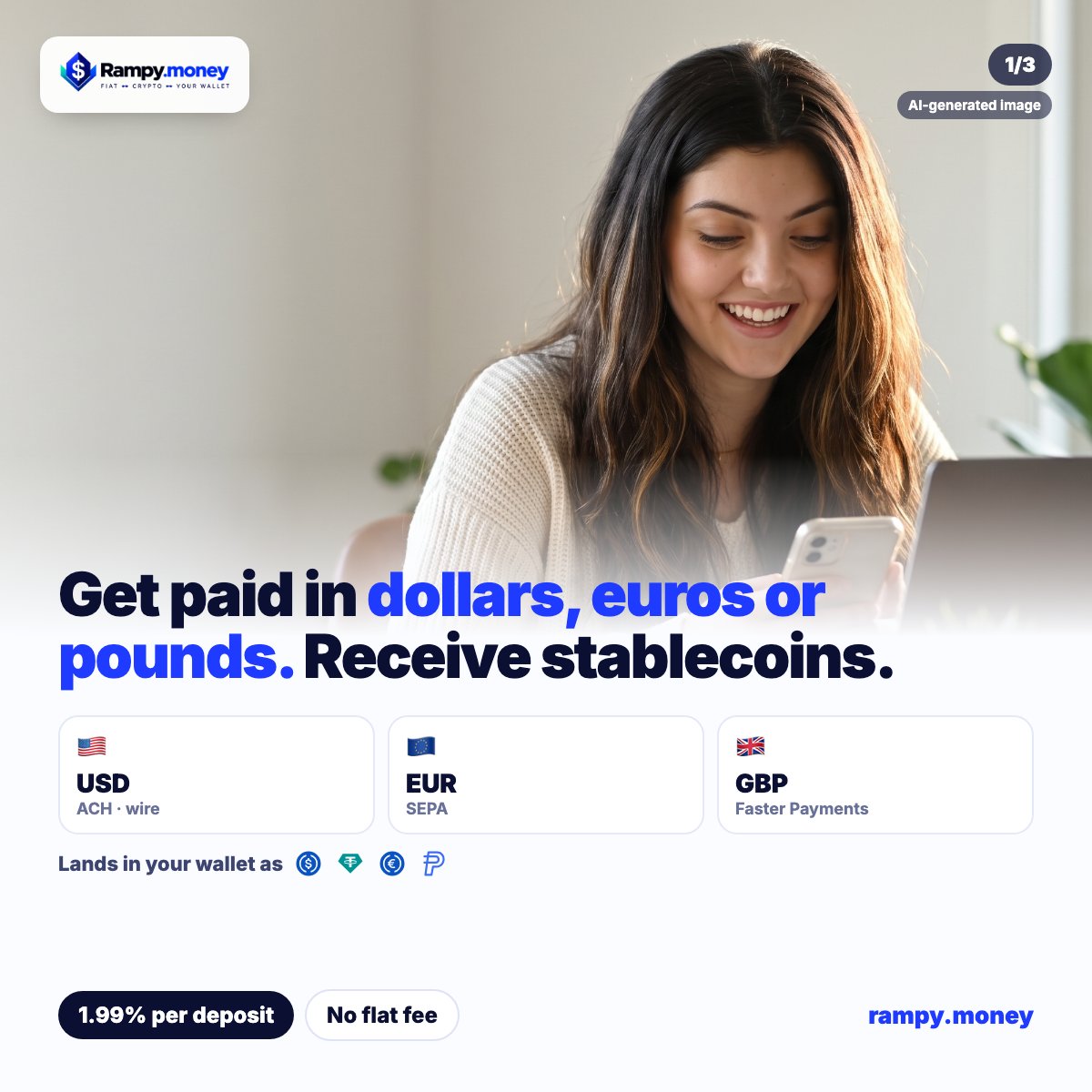 RampyMoney's tweet photo. Get paid from abroad, the simple way:

1) USD, EUR or GBP account details that convert to stablecoins on arrival

2) One price list, shown before you confirm

3) No Rampy balance: your money goes to a wallet you control

https://t.co/kXdsYDUe5x https://t.co/2fwgFbYmuB
