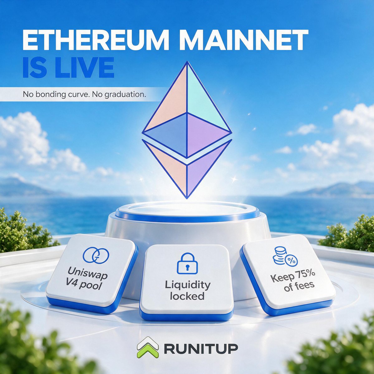 Runitupdotgg's tweet photo. Ethereum Mainnet is live on Runitup.🚀

No bonding curve. No graduation. Your token opens on a live Uniswap V4 pool from the first block, liquidity locked for good, and you keep 75% of the trade fee.

#Mainnet #ETH #Crypto https://t.co/OhU3Wo3CAF
