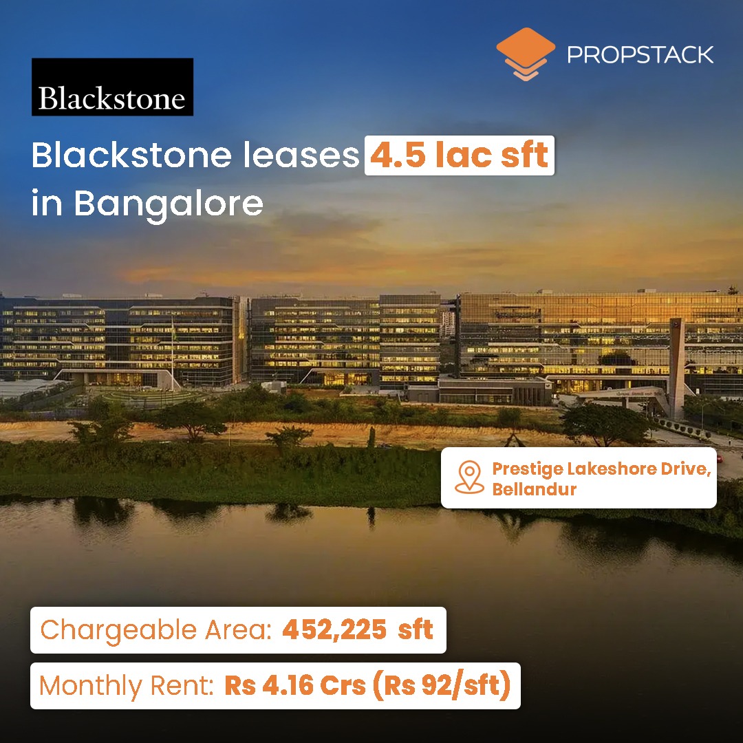 PropstackIndia's tweet photo. 𝗕𝗹𝗮𝗰𝗸𝘀𝘁𝗼𝗻𝗲 𝗹𝗲𝗮𝘀𝗲𝘀 𝟰.𝟱𝟮 𝗟𝗮𝗸𝗵 𝘀𝗾. 𝗳𝘁. 𝗳𝗼𝗿 𝗶𝘁𝘀 𝗚𝗖𝗖 𝗮𝘁 𝗣𝗿𝗲𝘀𝘁𝗶𝗴𝗲 𝗟𝗮𝗸𝗲𝘀𝗵𝗼𝗿𝗲 𝗗𝗿𝗶𝘃𝗲, 𝗕𝗲𝗻𝗴𝗮𝗹𝘂𝗿𝘂.

Leading global asset manager Blackstone has executed a major office space transaction in Bengaluru to establish and scale its Center of Excellence. Blackstone COE India Private Limited has signed a fresh, large-format lease spanning 4,52,225 sq. ft. of chargeable area across contiguous 10 floors at Building No. 20, Prestige Lakeshore Drive.

𝗞𝗲𝘆 𝗗𝗲𝗮𝗹 𝗜𝗻𝘀𝗶𝗴𝗵𝘁𝘀:

🔹 Lessor: Prestige Beta Projects Private Limited
🔹 Lessee: Blackstone COE India Private Limited
🔹 Asset: Prestige Lakeshore Drive - Building No. 20, Bengaluru
🔹 Floors: Ground, 1st to 9th Floors
🔹 Chargeable Area: 4,52,225 sq. ft.
🔹 Monthly Rent: ₹4.16 Cr (~₹92/sq. ft./month)
🔹 Lease Tenure: 5 Years (15% escalation every 3 years)

📊 𝗚𝗖𝗖 𝗠𝗼𝗺𝗲𝗻𝘁𝘂𝗺 & 𝗟𝗮𝗿𝗴𝗲-𝗕𝗹𝗼𝗰𝗸 𝗔𝗯𝘀𝗼𝗿𝗽𝘁𝗶𝗼𝗻
This transaction underscores sustained demand from premier multinational financial institutions and institutional investors expanding their tech, analytics, and shared services operations in India.
🔹 Large-Format Take-Up: Single-tenant absorption of ~4.52 Lakh sq. ft. across 10 floors
🔹 Campus Integration: Anchor-scale presence inside Prestige Group's prime commercial park
🔹 Strategic Growth: Long-term operational commitment to Bengaluru’s institutional-grade Grade-A office ecosystem

As global enterprises continue to deepen their high-value capability centers, Bengaluru’s premier commercial developments maintain steady momentum driven by large-scale enterprise campus leasing

Media coverage:

HT: https://t.co/b9of2j2kNC