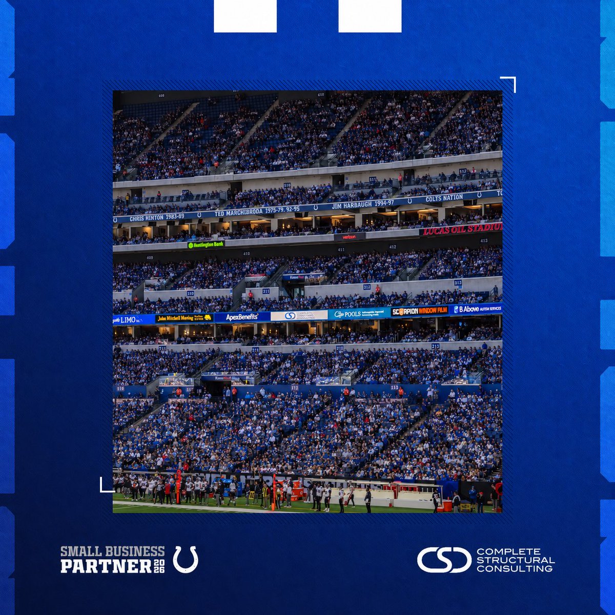 CompStructural's tweet photo. 🏈 Big news! CSC has joined the Indianapolis Colts Small Business Partner Program! 💙

Our name was up in lights at Lucas Oil Stadium during the Colts vs. Texans game on Sept. 27!

We're excited to connect with fellow Indiana businesses!

#CSC #ForTheShoe https://t.co/lihng9BAfY