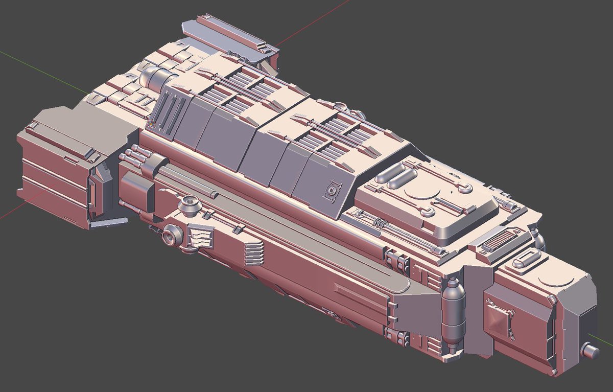 astrokillgame's tweet photo. Iterating on a freighter in Blender - receptacles added to receive solcrys from miners.  Low poly model is ~60k tris.  Also making the mesh manifold for Nanite :) #gamedev #indiegame #spaceship https://t.co/t36cKalpPX