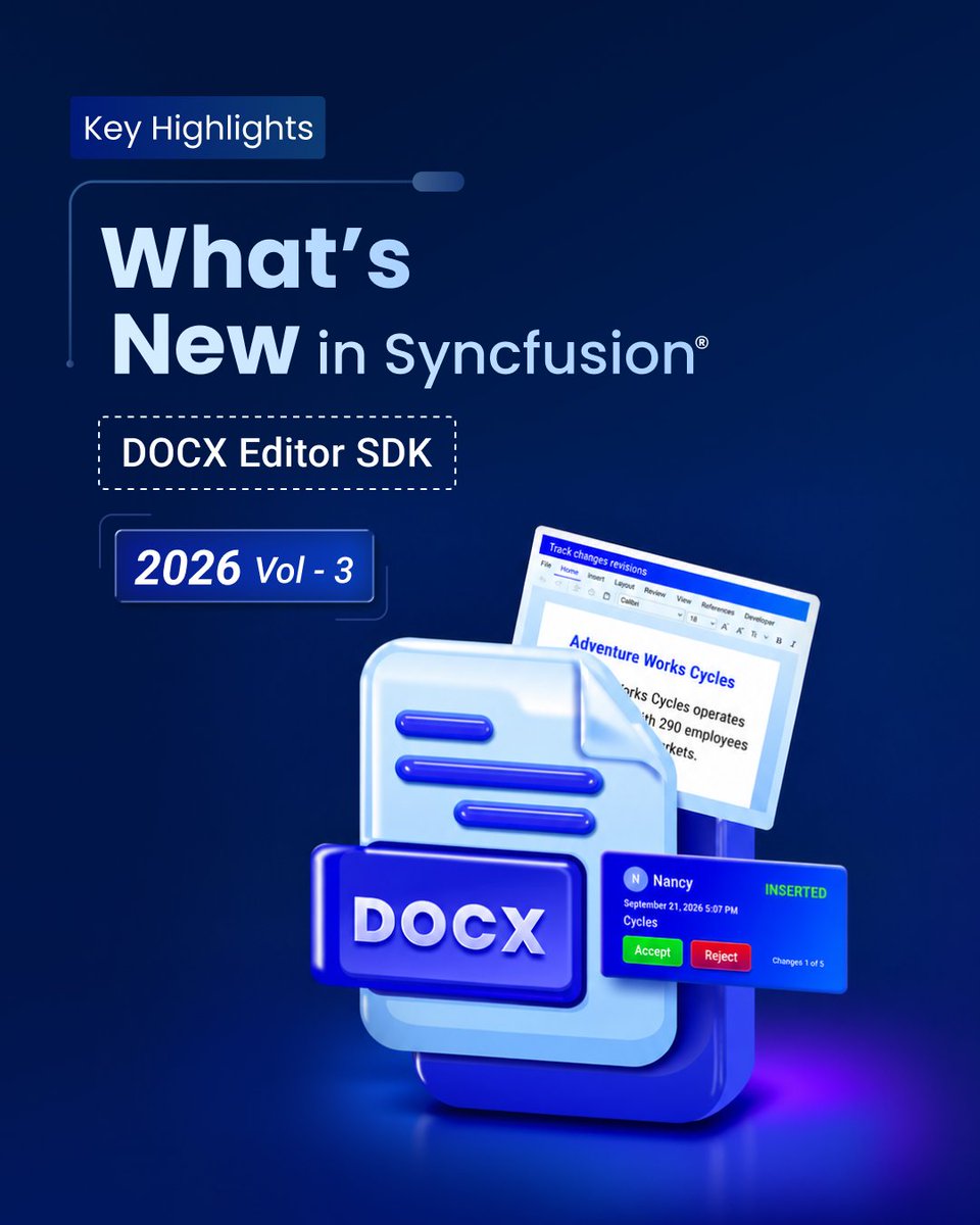 Syncfusion's tweet photo. Working with document editing and review workflows? There’s a lot to explore in Syncfusion DOCX Editor SDK 2026 Volume 3. ⚡

From improved revision visibility to AI-agent-powered document workflows, here’s what’s new 👇

#DOCX #DocumentProcessing #JavaScript #AI https://t.co/bLqnCLI2Zb