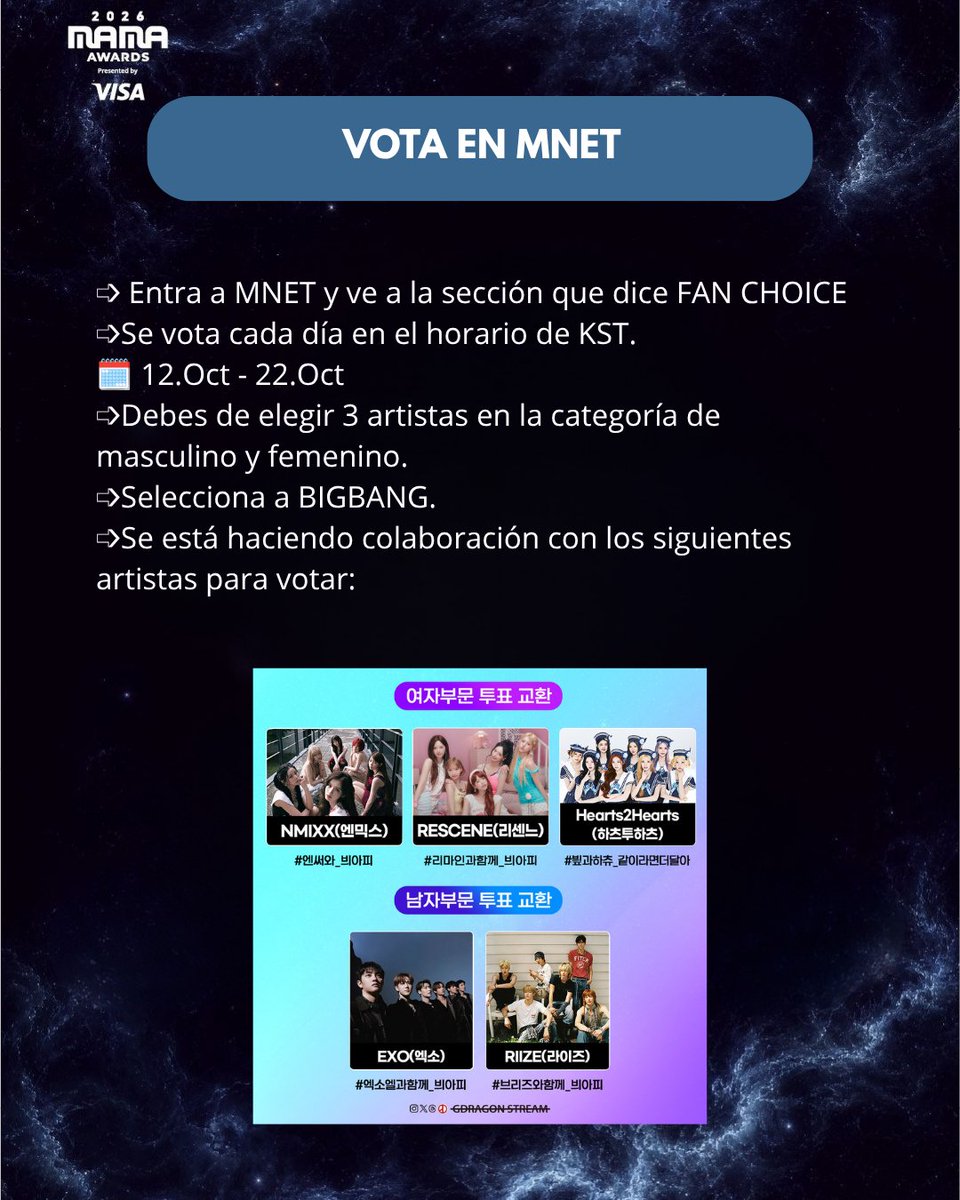 VIPFOREVERLATAM's tweet photo. 🏆 VIP's BIGBANG Y TAEYANG ESTÁN NOMINADOS A LOS MAMA AWARDS 2026 💛

➡️ Recuerda votar en la App de MNET, en todos los dispositivos que tengas. 
➡️ En X (Twitter) también se cuentan los votos, debes de utilizar los hashtag #BIGBANG y #2026MAMAVOTE https://t.co/fxYkLmH6Dt