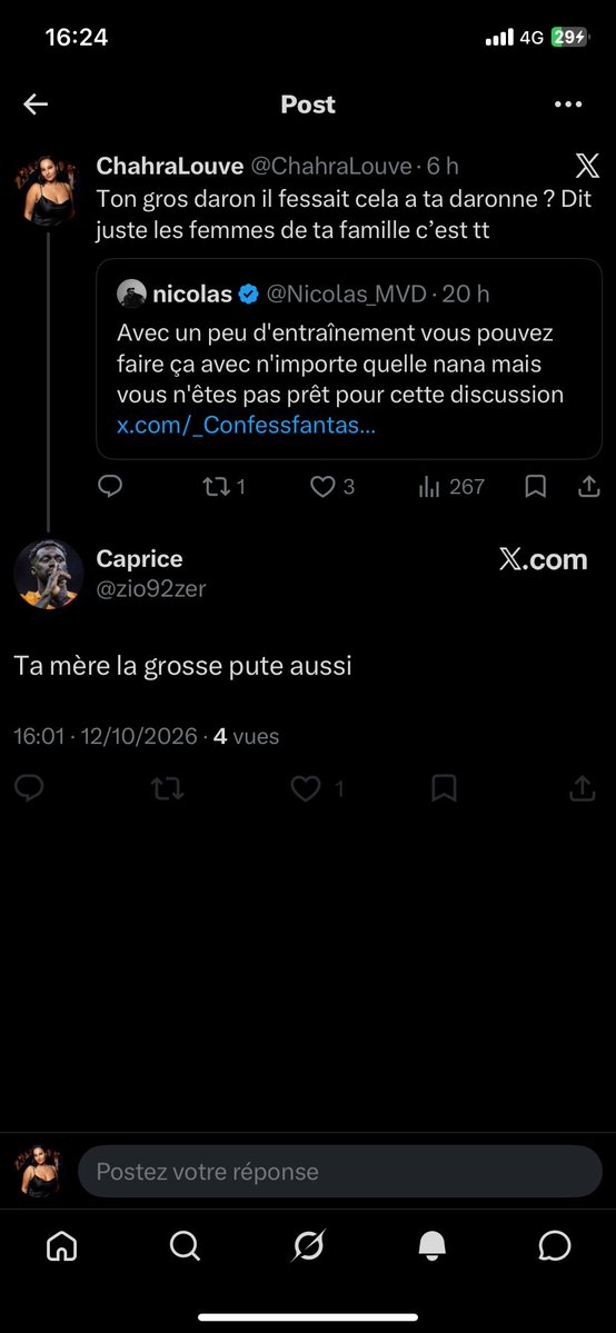 ChahraLouve's tweet photo. @Sushinasushino @Nicolas_MVD Je peux plus répondre mais il ma
Bloquer mdrrr ma mère non c’est pour cela je suis pas comme vs a concevoir que ttes les femmes st des esclavage sexuels cela viens de votre éducation 👌 pauvre mère qui ta porter 9 mois et sortit de sa chatte tt cela pour ça https://t.co/krLOw2fjmZ