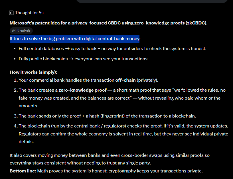 PetalSoI's tweet photo. MICROSOFT JUST PATENTED THEIR OWN ZCASH TO REPLACE CENTRAL BANKING,

Microsoft just patented "zkCBDC" a Zero Knowledge Proof ZKP Currency, getting posted on X and Reddit,

THEY ARE TRYING TO REPLACE THE CENTRAL BANK WITH zkCBDC!

Reports just started today this is giga.

Reddit: https://t.co/yex0j8iG10

X: https://t.co/DwFY3HYujV