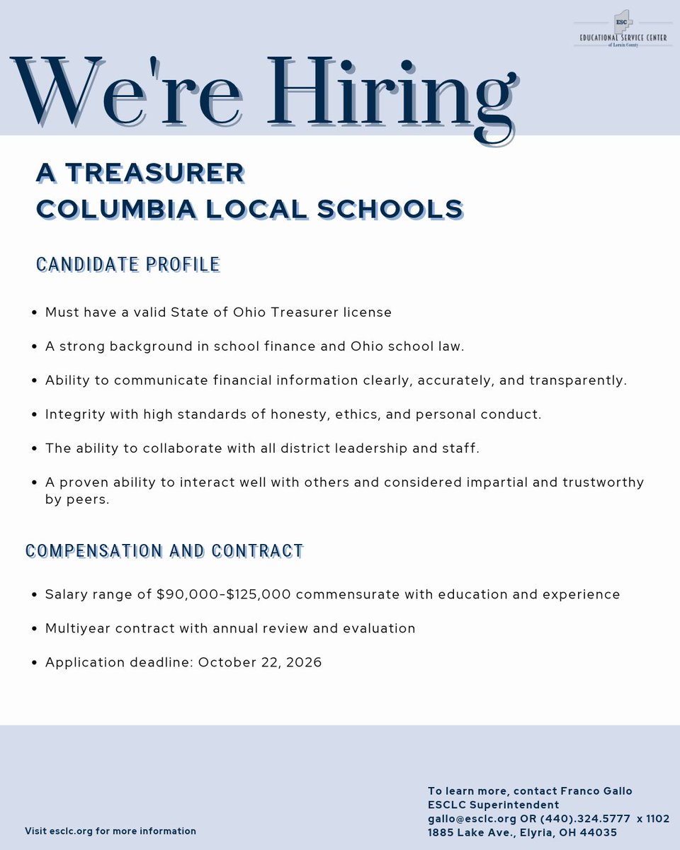 ESCLC's tweet photo. Strong schools depend on thoughtful leadership, including the people who manage the resources that support students and staff.

Columbia Local Schools is seeking a Treasurer to make a meaningful difference in its school community.

Learn more at https://t.co/aE3Qn0CPZm. https://t.co/3F4oPCKhuX