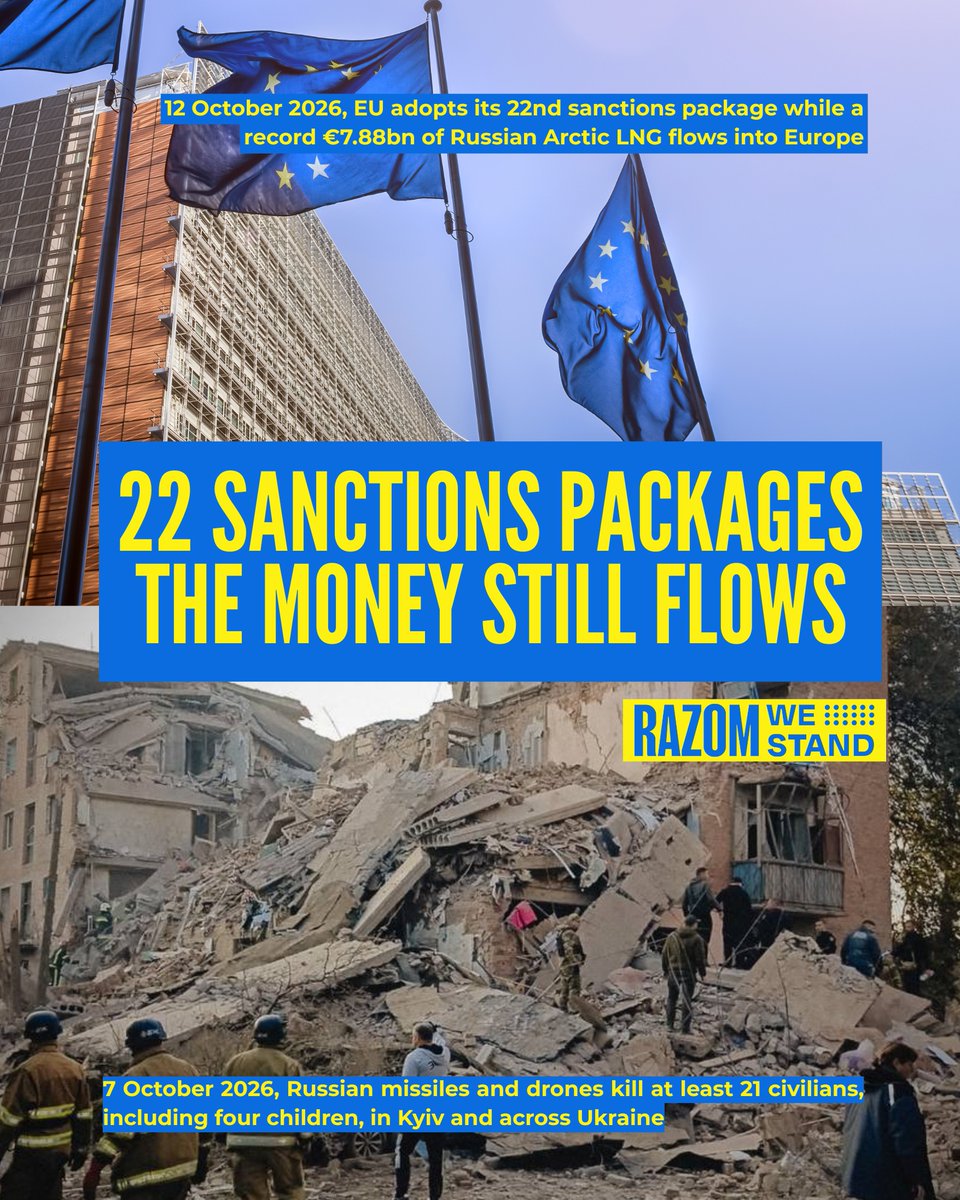 RazomWeStand's tweet photo. 1/ The EU’s 22nd #sanctions package is the biggest expansion of the list since the war began. Impressive on paper. But Europe still imported a record €7.88bn of Russian Arctic LNG in Jan–Sep 2026, and European firms still help ship it 👇 https://t.co/hLfApFIxFi