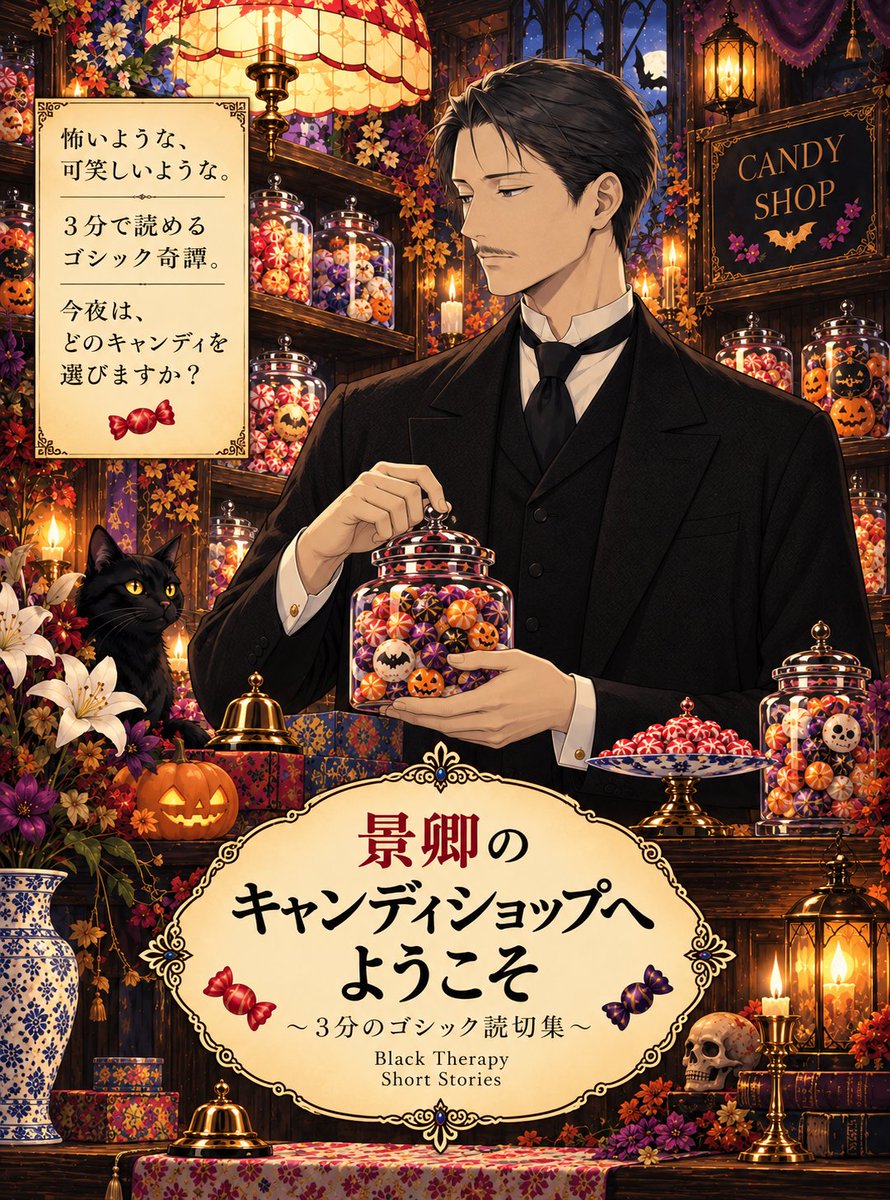 BTbyKEI's tweet photo. 🍬 怖いような、可笑しいような。３分で読めるゴシック奇譚🎃👻
『景卿のキャンディショップへようこそ〜３分のゴシック読切集〜』
📚「小説家になろう」にて無料公開中！
https://t.co/94xQIE893a
#小説家になろう #創作小説 #ゴシック #怪奇
※掲載画像は生成AIを使用し作者が加筆調整したものです https://t.co/El87SejLdB