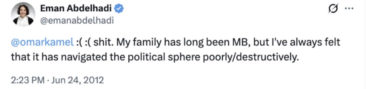 EYakoby's tweet photo. If a Republican candidate’s sister posted “My family has long been KKK,” it would be the biggest news story.

When Abdul’s sister literally says that her family is part of the Muslim Brotherhood, there’s not a word. https://t.co/QRhjevSKhw