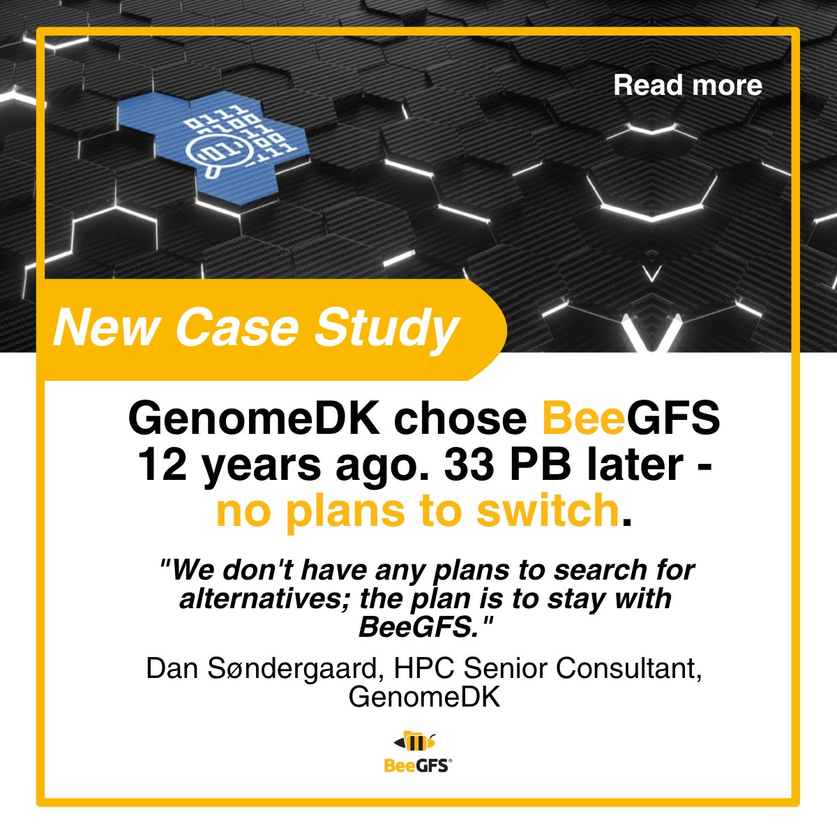 ThinkParQ's tweet photo. In case you missed it - new case study: GenomeDK &amp; BeeGFS. 33 PB. 1,300 researchers. 5,000 concurrent jobs. Small team. No plans to switch. 
At the HPC-AI Advisory Council Annual UK Conference in Leicester this week? Find Dominic McKendry and let’s talk. 
https://t.co/erAVfaA7JW https://t.co/eVL2QSihpN