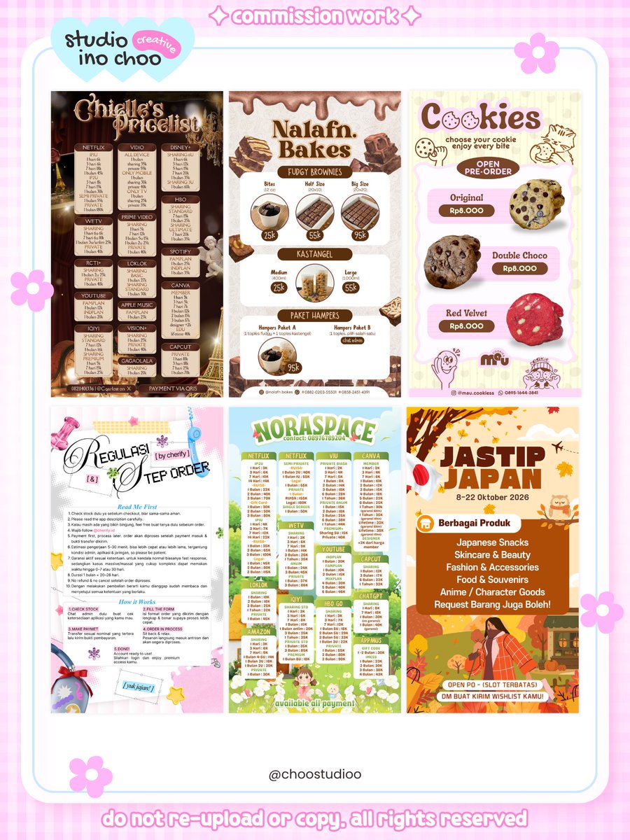 choostudioo's tweet photo. OPEN COMMISSION! #zonauang 🐰ྀི₊˚⊹ 

🎀 Menerima jasa edit berbagai kebutuhan design, mulai dari pricelist, poster, menu, katalog, feeds, photobooth frame, banner sidang, scrapbook &amp; custom request lainnya 🖍️🍀

Bisa request sesuai referensi dan style yang kamu mau! 💭 https://t.co/KCIMIORvqo