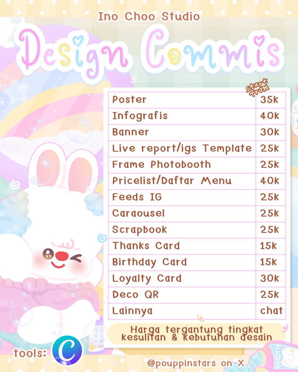 choostudioo's tweet photo. OPEN COMMISSION! #zonauang 🐰ྀི₊˚⊹ 

🎀 Menerima jasa edit berbagai kebutuhan design, mulai dari pricelist, poster, menu, katalog, feeds, photobooth frame, banner sidang, scrapbook &amp; custom request lainnya 🖍️🍀

Bisa request sesuai referensi dan style yang kamu mau! 💭 https://t.co/KCIMIORvqo