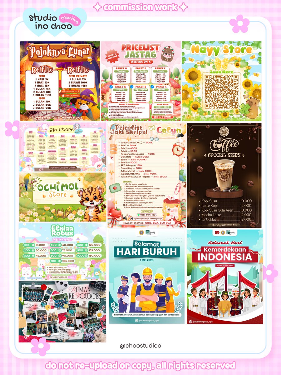 choostudioo's tweet photo. OPEN COMMISSION! #zonauang 🐰ྀི₊˚⊹ 

🎀 Menerima jasa edit berbagai kebutuhan design, mulai dari pricelist, poster, menu, katalog, feeds, photobooth frame, banner sidang, scrapbook &amp; custom request lainnya 🖍️🍀

Bisa request sesuai referensi dan style yang kamu mau! 💭 https://t.co/KCIMIORvqo