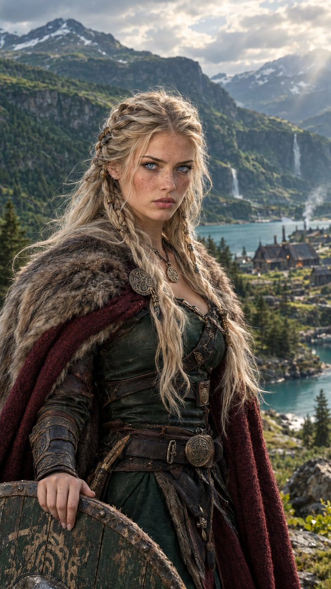 LettyVesper's tweet photo. Created with GPT image on chatGPT

 Prompt.

Ultra-realistic 8K cinematic DSLR photograph of an exceptionally beautiful adult Viking warrior woman standing in a breathtaking Nordic landscape. She has striking icy-blue eyes, naturally fair skin with delicate freckles, a beautiful realistic face, and long platinum-blonde hair styled in intricate Viking braids decorated with antique bronze beads and Nordic ornaments.

OUTFIT: She wears dark emerald-green leather armor with intricate antique bronze engravings, a luxurious deep burgundy cloak with thick natural fur around the shoulders, detailed leather bracers, handcrafted Viking belts, and an ornate ancient Norse pendant. Her clothing looks authentic, elegant, powerful, and historically inspired.

BACKGROUND: A breathtaking Nordic landscape with enormous lush green mountains, dramatic rocky cliffs, beautiful cascading waterfalls, a crystal-clear turquoise fjord, dense pine forests, and a traditional Viking village with rustic wooden longhouses. Distant mountain peaks are covered in snow, while soft golden sunlight shines through dramatic clouds. Light atmospheric mist creates a magical yet completely realistic environment.

POSE AND EXPRESSION: She stands confidently beside a large, weathered wooden Viking shield, resting one hand naturally on its edge. Her expression is fearless, mysterious, and powerful. She looks directly into the camera while the wind gently moves her beautiful braided hair and fur cloak.

PHOTOGRAPHY: Professional full-frame DSLR photography, 85mm portrait lens, natural skin texture, visible freckles, realistic pores, individual hair strands, extremely detailed fur and leather textures, authentic lighting, natural shadows, cinematic depth of field, sharp facial focus, beautiful natural colors, and breathtaking environmental details.

STYLE: Premium historical Viking movie aesthetic, ultra-photorealistic, incredibly beautiful female warrior, realistic human anatomy, natural proportions, cinematic composition, professional photography, 8K detail, vertical 9:16 aspect ratio.

NEGATIVE PROMPT: Cartoon, anime, illustration, CGI, 3D render, plastic skin, unrealistic face, blurry image, distorted hands, extra fingers, bad anatomy, oversaturated colors, text, logo, watermark.