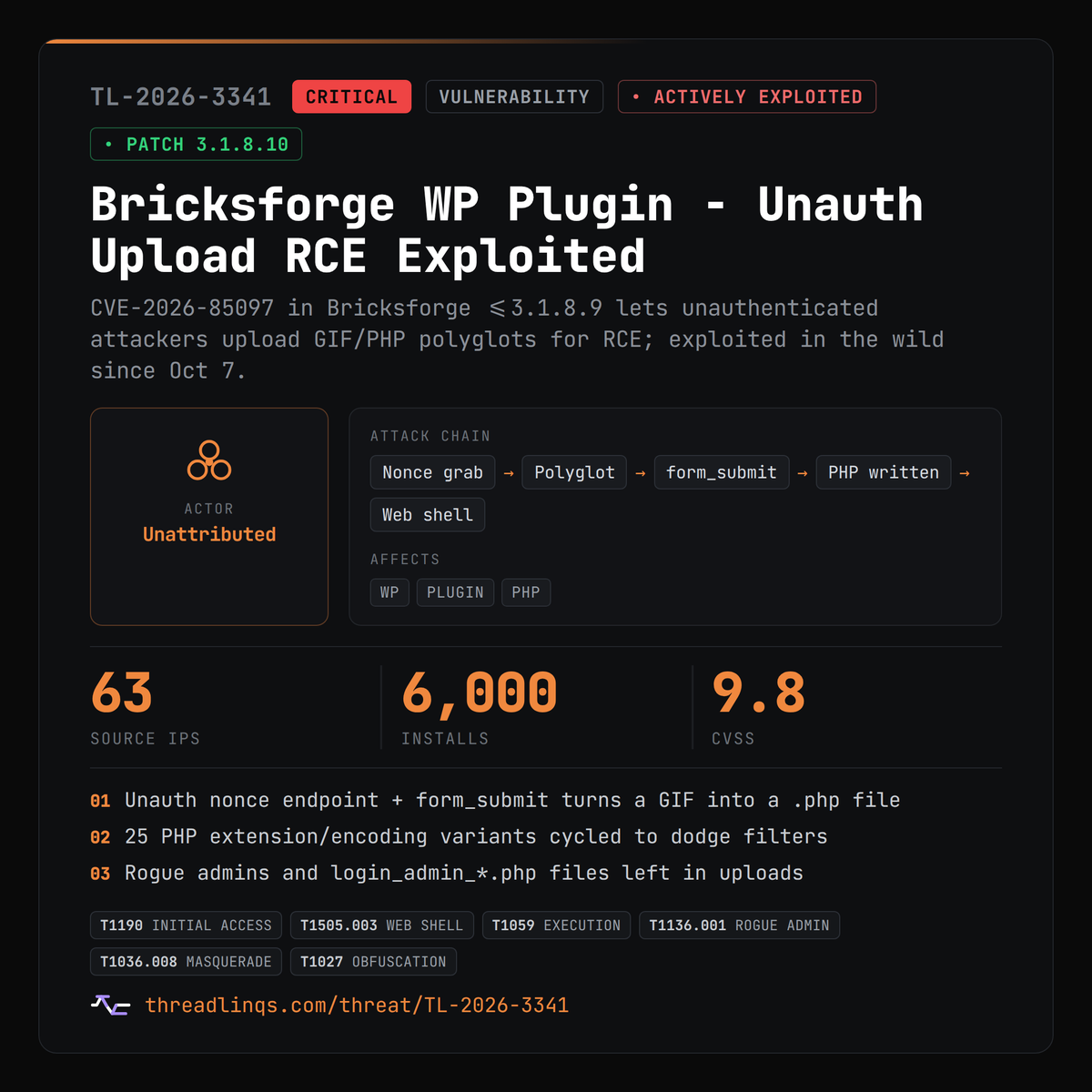 threadlinqs's tweet photo. Bricksforge's Pro Forms flaw turns a GIF into a PHP shell - no login needed, and it's already exploited. https://t.co/X9QEXZ1dte #ThreatIntel #CVE_2026_85097 #PHP #Bricksforge https://t.co/9rlxSarBon