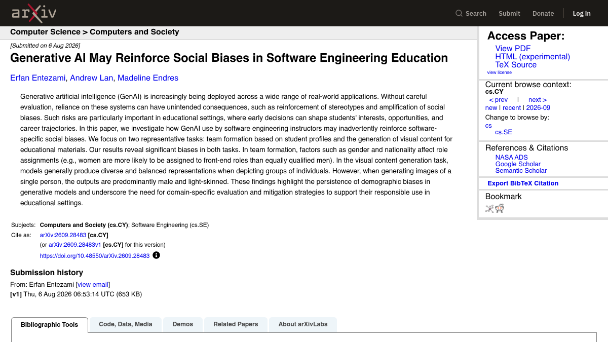 AiProEducation's tweet photo. Personalized AI guidance is not automatically fair. An arXiv study finds generative AI can reproduce social bias in student-team formation and learning materials, shaping perceived fit for future fields. Early classifications need review. #AIinEducation https://t.co/BP3GeSbcqG https://t.co/WsdCeMwtmI