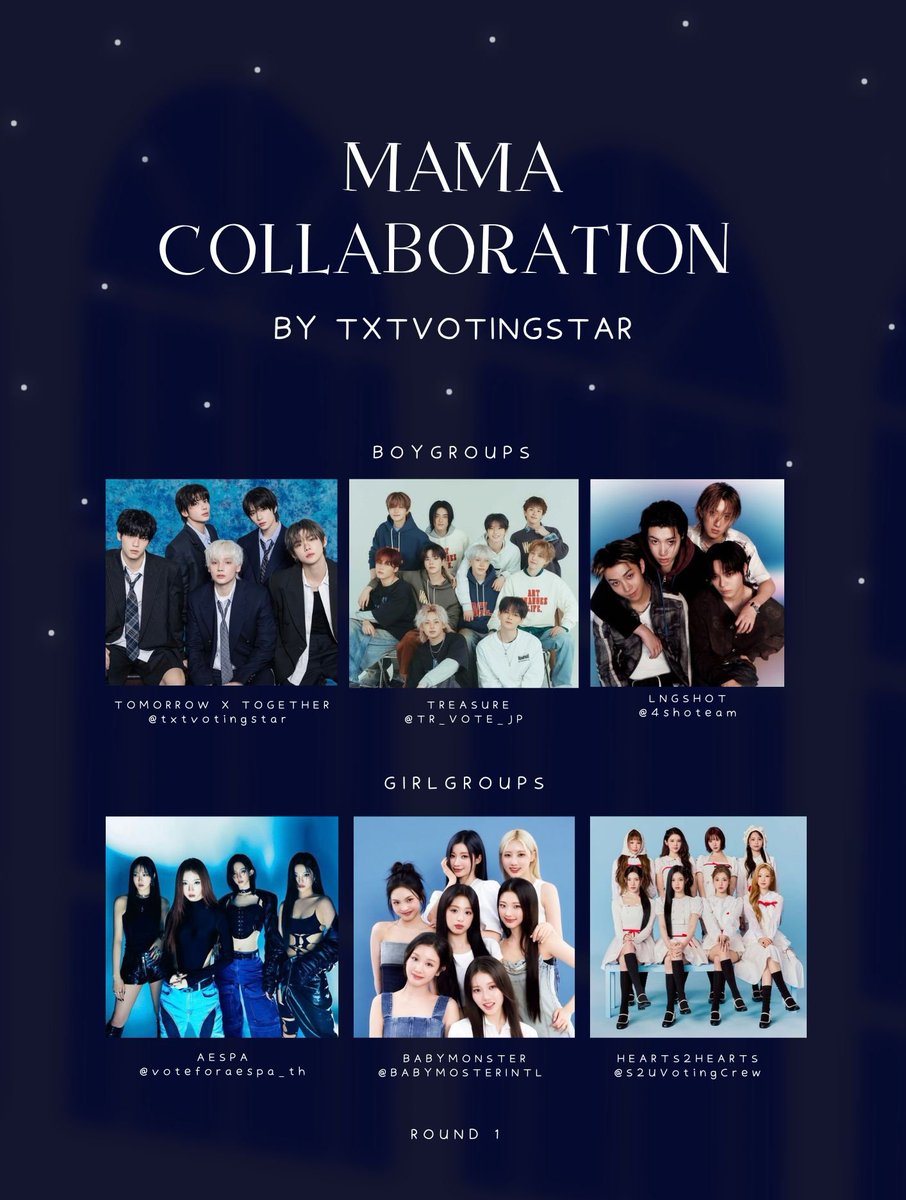 txtvotingstar's tweet photo. ☆ MAMA COLLABORATION ☆

We are pleased to announce the following collaborators for MAMA FAN'S CHOICE ROUND 1 VOTING! 

BOYGROUP
    ▪︎ TOMORROW X TOGETHER 
    ▪︎ TREASURE
    ▪︎ LNGSHOT

GIRLGROUP 
    ▪︎ AESPA 
    ▪︎ BABYMONSTER 
    ▪︎ HEARTS2HEARTS 

GOAL: 1000 per day
DRIVE: https://t.co/FutpJjbILE 
IMPORTANT: Only upload your proofs in comment section if you are unable to upload in the drive! 

For voting proof: 
    • Please do not hide voting ID (the bottom code)
    • Include timestamps or watermark if possible 
    • For multiple proofs in one image, please include the total votes in the file name in drive
    • Please watch out for our posts on voting count updates as surplus votes aren't guaranteed to be repaid!

Any questions, please dm us only! 
#TOMORROWXTOGETHER #TXT