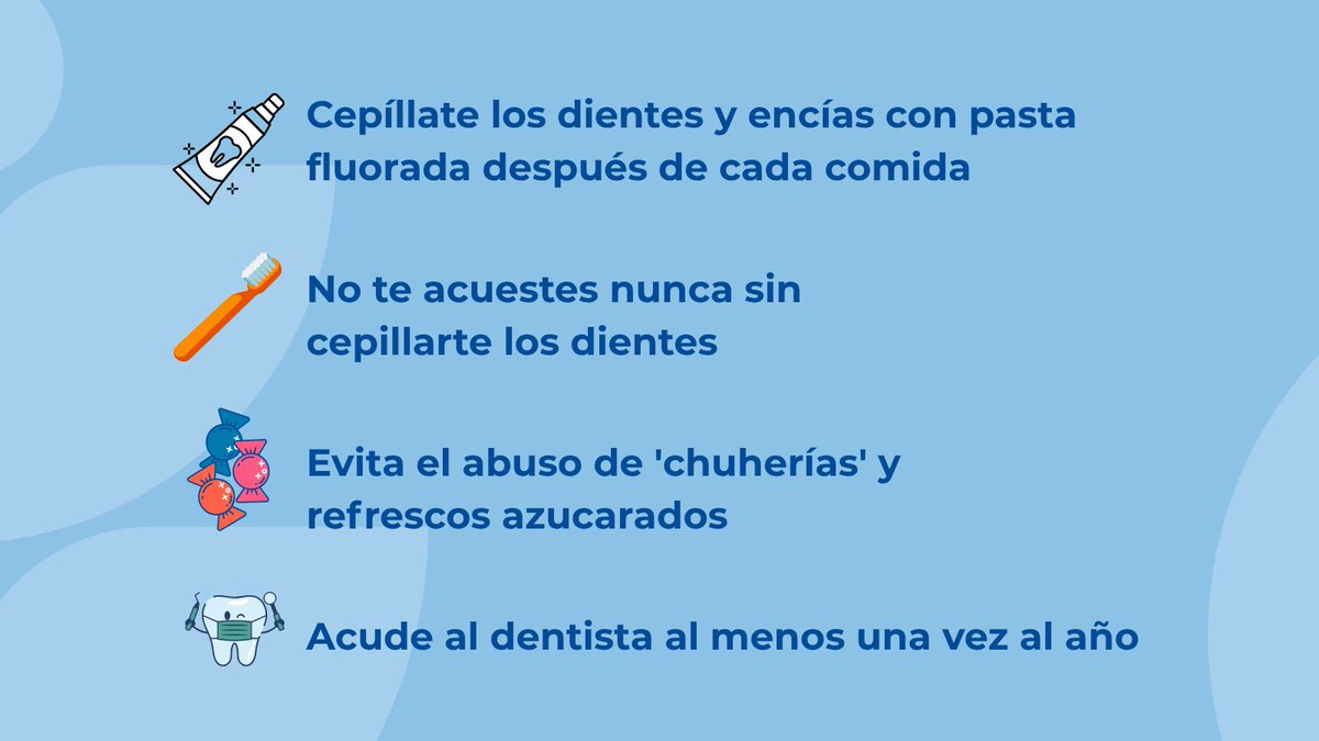 Salud_JCYL's tweet photo. 🦷 Una buena salud bucodental empieza con hábitos diarios y revisiones periódicas.
Cuidar los dientes desde la infancia ayuda a prevenir molestias y problemas futuros.
ℹ️ https://t.co/3O6pSEAIe9
#Sacyl #CastillayLeón #SaludBucodental #Caries https://t.co/nAMtY7hyp1