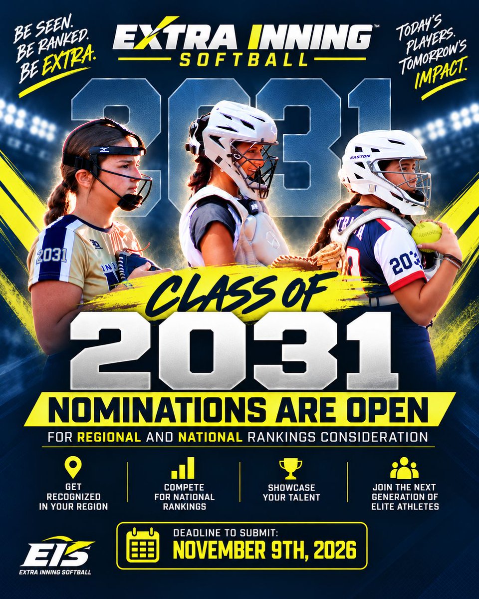 ExtraInningSB's tweet photo. 🚨 Class of 2031 Nominations OPEN!
🥎 Regional &amp; National Rankings!
🔥 Be Seen. Be Ranked. Be Extra.
👇 Nominate NOW! 
https://t.co/n9mo3wWoPU https://t.co/aqudHTBOqL