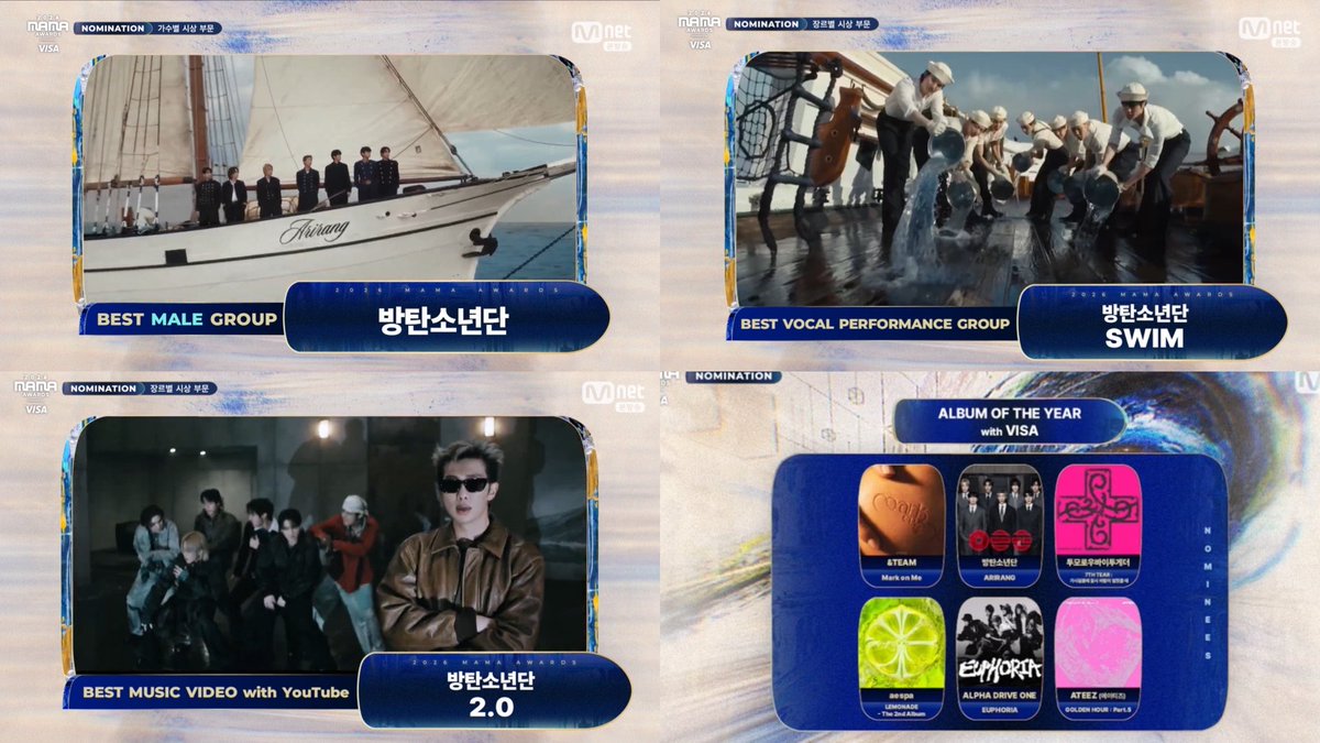 btsdatarchive's tweet photo. BTS receives 5 nominations at MAMA AWARDS 2026. 

#BTS — Best Male Group 
#BTS — Fan Choice Male
#SWIM — Best Vocal Performance
#2point0 — Best Music Video 
#ARIRANG — Album Of The Year 

#jhope — Best Collaboration https://t.co/dKFC8hOTVC