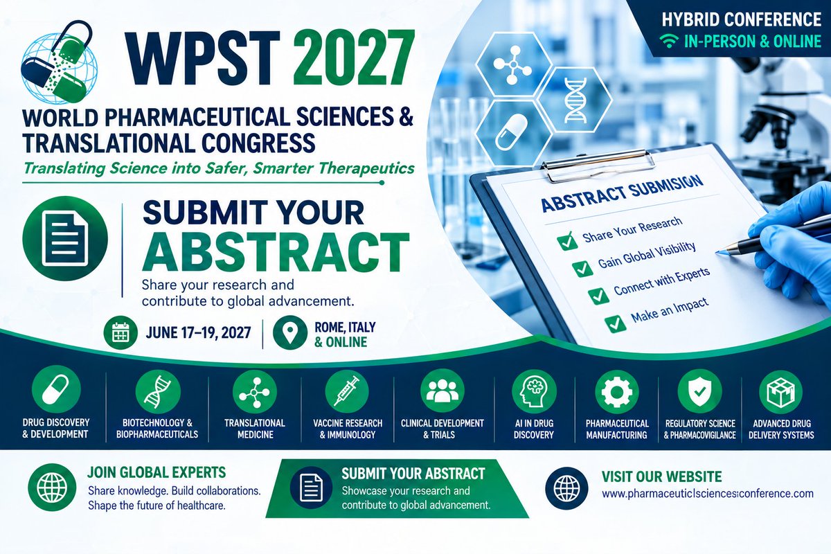 Pharma_Event's tweet photo. 🔬 Share your research with the global pharmaceutical community at WPST 2027!

Submit your abstract and showcase your findings through oral or poster presentations.

📅 June 17–19, 2027
📍 Rome, Italy &amp; Online
📝 Submit here: https://t.co/cqeLG9m3xy

#WPST2027 #PharmaResearch https://t.co/18woATxY8s