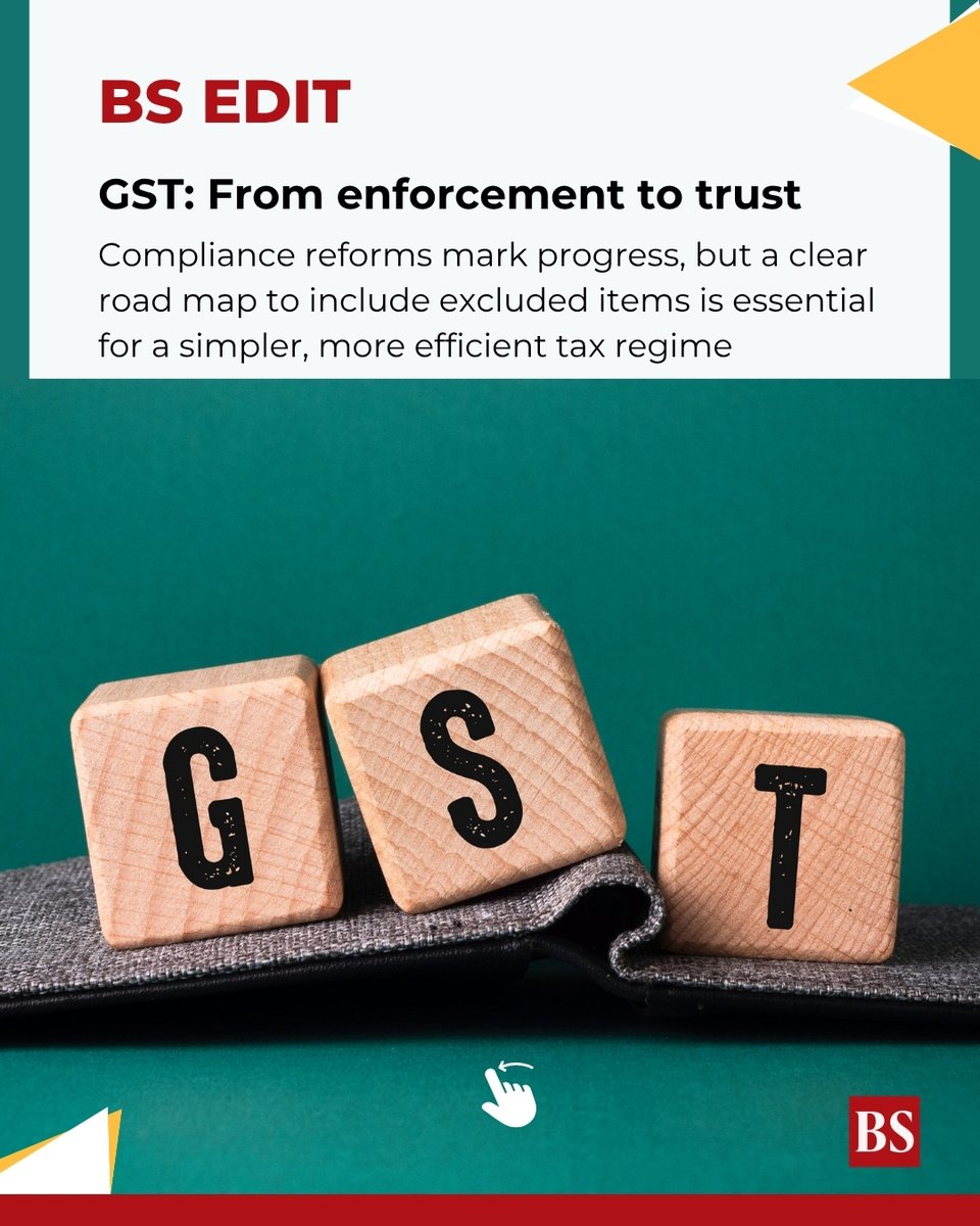 bsindia's tweet photo. #BSEditorial | From enforcement to trust

When #GST was introduced in 2017, concerns over revenue uncertainty and the need to compensate states shaped a compliance-heavy tax system. Simplicity took a back seat as authorities focused on preventing evasion.

Read more 👉 https://t.co/WYza735ICp

#GSTCouncil