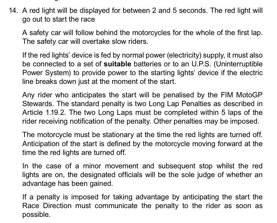 Wisdom_Boyz's tweet photo. Artículo 1.18.14 de la FIM World Championship Regulations 2026

1. La motocicleta debe estar completamente detenida en el momento en que se apagan las luces rojas.
2. Se considera que un piloto se ha adelantado en la salida cuando la motocicleta se está desplazando hacia delante en el momento en que se apagan las luces rojas.
3. En caso de que se produzca un pequeño movimiento de la motocicleta y esta vuelva a detenerse mientras las luces rojas permanecen encendidas, los oficiales designados serán los únicos encargados de determinar si el piloto ha obtenido alguna ventaja. https://t.co/WQHap2Skc4
