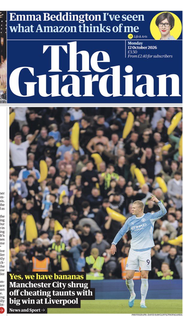 davidyelland's tweet photo. Even putting aside my total 115% bias as a @ManCity Blue I have to say some, but not all, of the splash headlines in today’s UK press are the most positive ever achieved by any commercial entity amid a reputational crisis. The organisation is entirely aligned too. Incredible. 👏🩵🍌