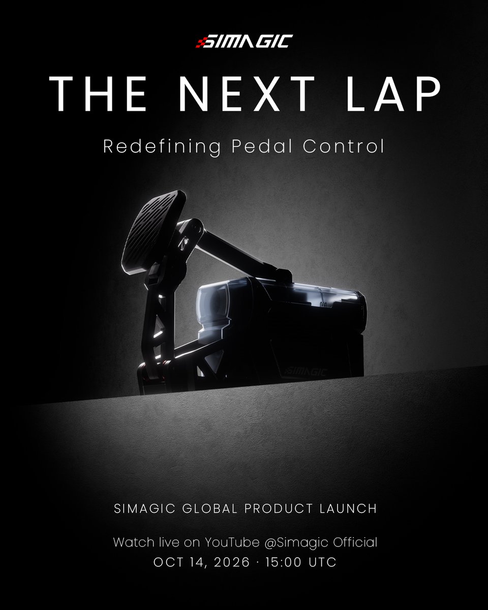 SimagicOfficial's tweet photo. THE NEXT LAP. 

Pedal control, fully redefined.
Every brake, precisely in your hands.

SIMAGIC Global Product Launch
10/14/2026
See you there 🏎

#SIMAGIC #KEEPRACING #SimRacing #SimRig #PedalControl https://t.co/e5oocXUI63