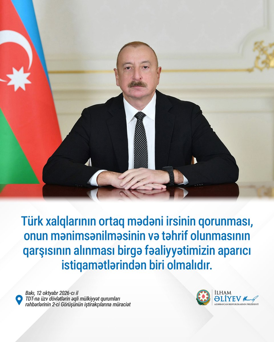 azpresident's tweet photo. Prezident İlham Əliyev Türk Dövlətləri Təşkilatına üzv dövlətlərin əqli mülkiyyət qurumları rəhbərlərinin 2-ci Görüşünün iştirakçılarına müraciət edib.

https://t.co/6wvoQBEtIW https://t.co/rBDSJxVz9L