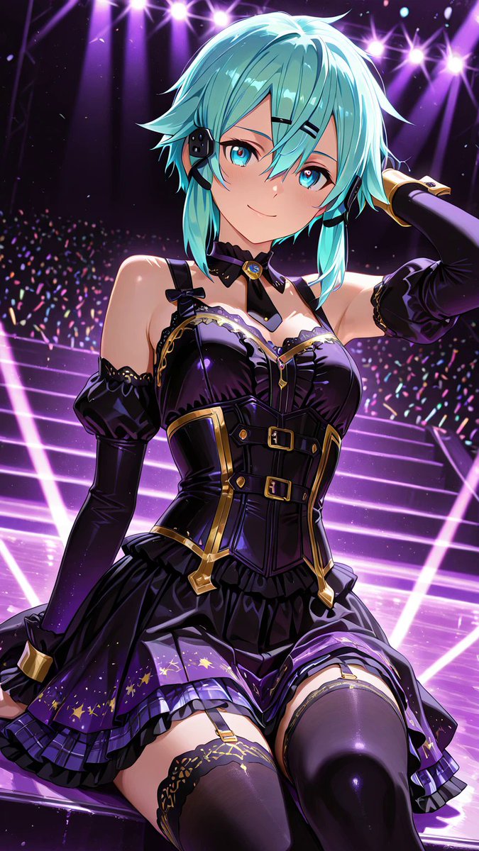 oteranosekai's tweet photo. 紫のアイドル衣装だ。赤と蒼もあったが、紫も悪くない。舞台のライトに合う。この色は、悪くない。
あなたも試着する？

ファンアート 
シノン 
作品名：ソードアート・オンライン

#紫のアイドル衣装ご試着 #プロンプト試着 #AIイラスト #シノン #SAO #ソードア���トオンライン https://t.co/A84zQwb8CJ