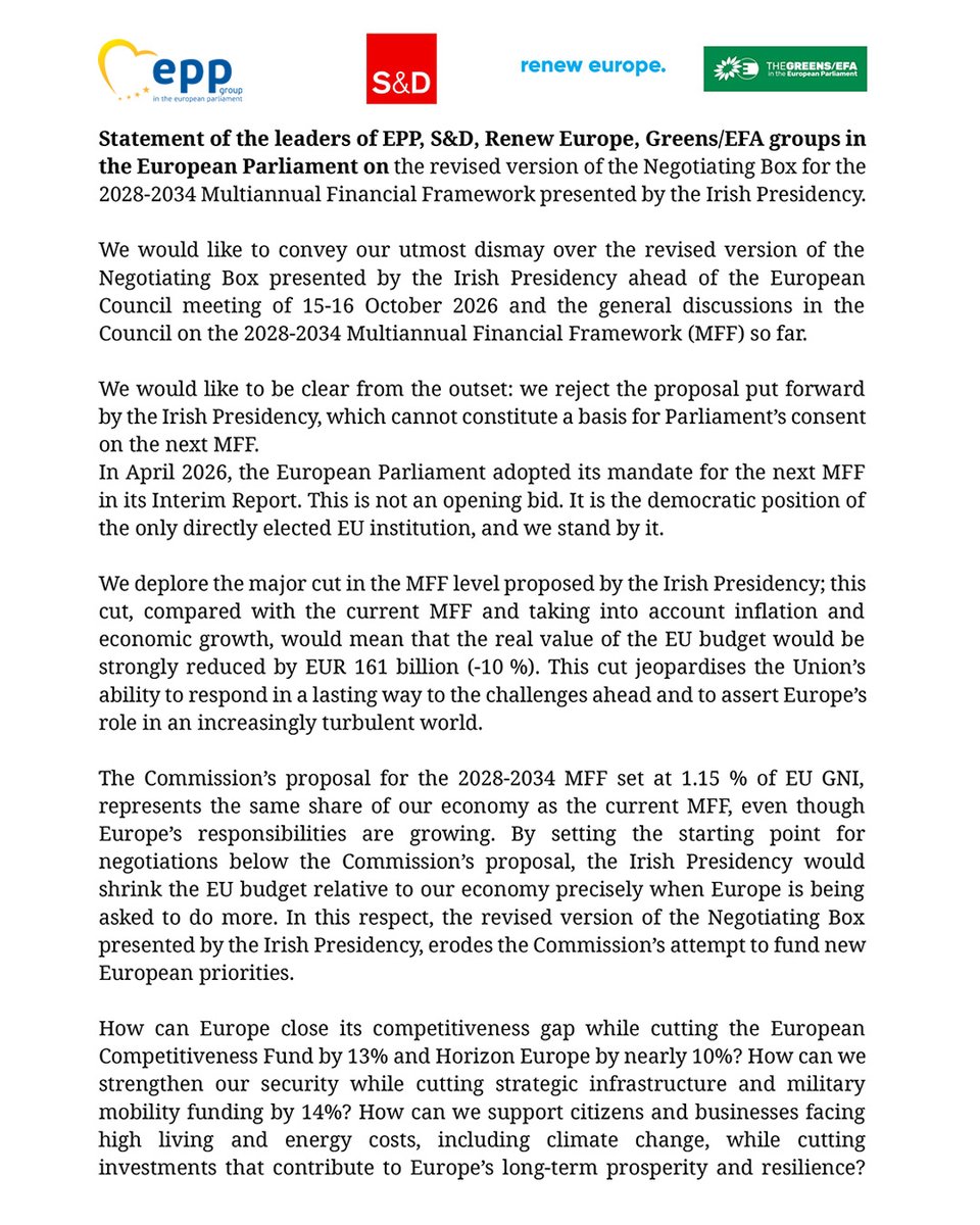 EPPGroup's tweet photo. Europe cannot afford to fall behind while the world moves ahead. 

We need a budget that boosts our competitiveness, strengthens our common defence and invests in future. 

Budget cuts undermine Europe’s ability to meet tomorrows challenges and deliver for its citizens. 

Europe must do better.

Read the statement statement of the leaders of EPP, S&D, Renew Europe, Greens/EFA groups in the European Parliament ⤵️

@SMuresan