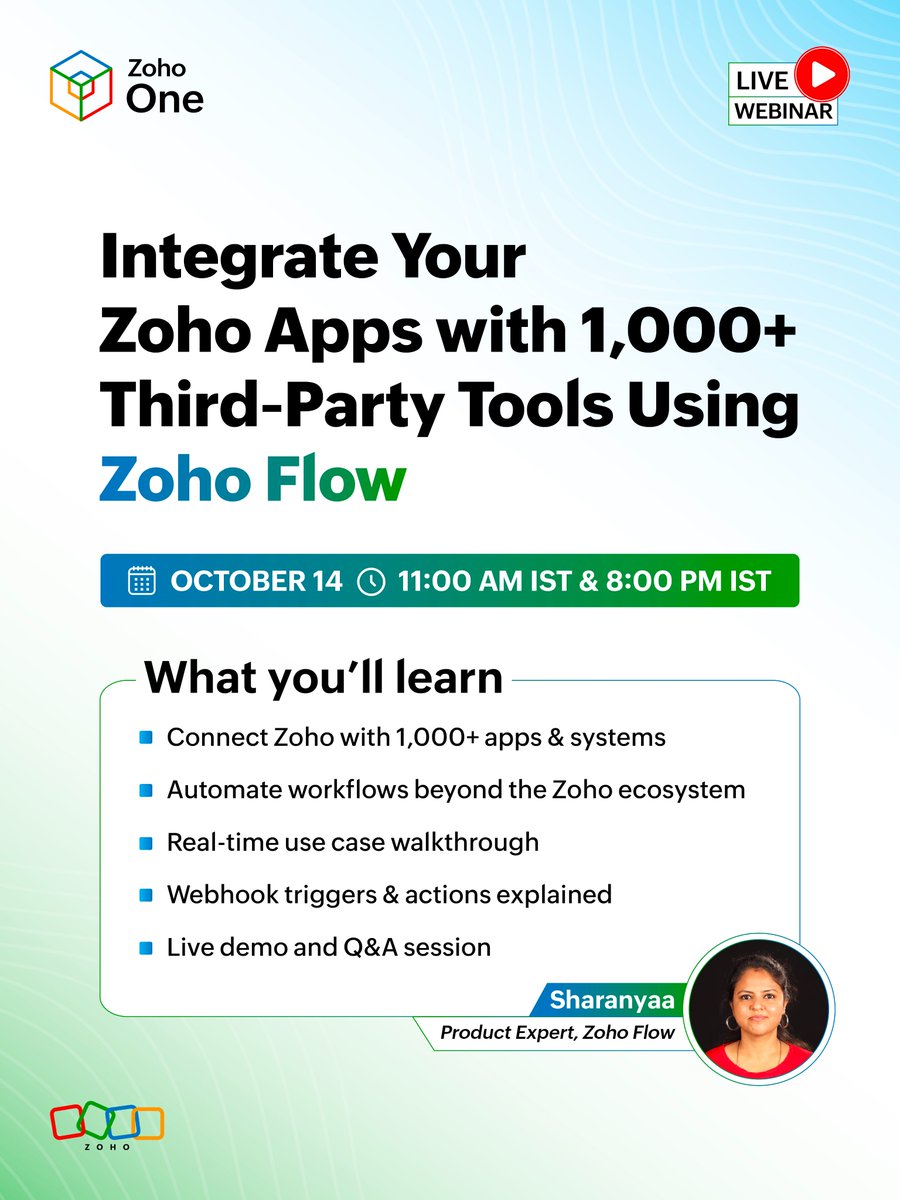 ZohoOne's tweet photo. 1,000+ apps. One automated workflow.
Join our webinar to see how Zoho Flow integrates your Zoho apps with third-party apps, on-premise systems and custom tools, no code needed.

🗓️ Oct 14
🔗 APAC, India, MEA, ANZ: https://t.co/9DiQ2vz7m7
🔗 EMEA, Americas: https://t.co/oXbxoQv83X https://t.co/zEi9i46YNw
