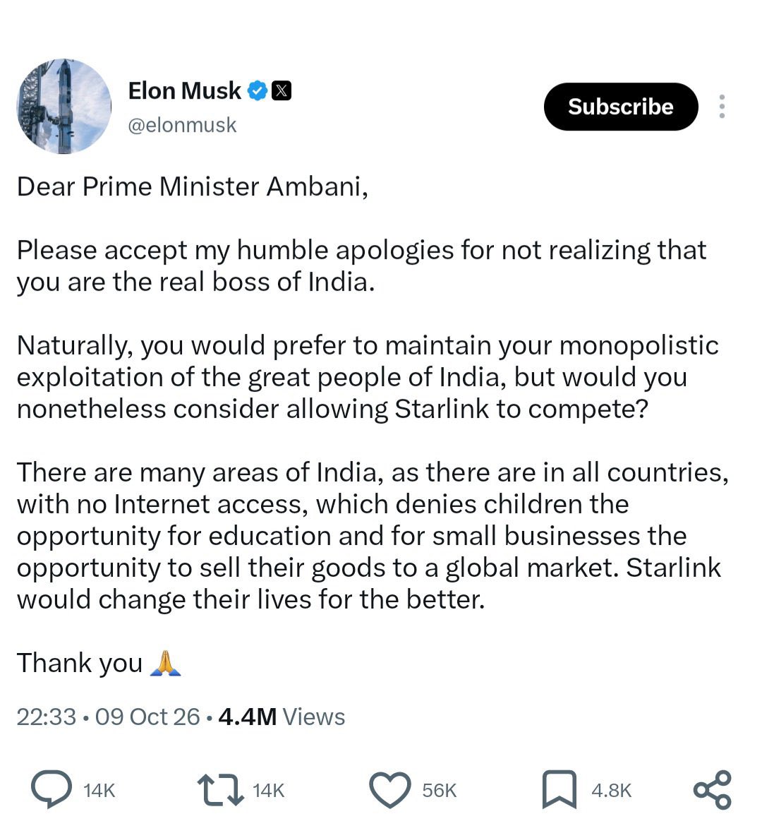 maveinlux's tweet photo. Dear @elonmusk ,

Indians largely liked you. They admire intelligent, self-made individuals who speak with substance. For years, you came across as a brilliant mind. Lately, however, your arrogance has begun to overshadow your intellect, making you look increasingly foolish.

Your apparent lack of understanding of India, its people and the way the country functions suggests that you are remarkably poorly informed. You can certainly do better than Trump.

Bureaucratic delays deserve scrutiny. But suggesting that India is governed by oligarchs simply because Starlink faces regulatory hurdles is arrogance masquerading as an argument.

India is a sovereign democracy, not a market to be bullied into submission. You respected China’s rules; India deserves no less.

Ask your CIA friends. In 1998, India stood firm despite American sanctions following Pokhran. Those sanctions were eventually lifted. If geopolitical pressure couldn’t bend India’s strategic choices, a billionaire’s public tantrums certainly won’t.

Indians are patient, but patience should never be mistaken for weakness. Complete the process, compete on merit and let consumers decide. Our love for India 🇮🇳 is no less than your love for America 🇺🇸.

Tesla should have taught you one thing: Global fame does not guarantee success in India. Respect the market before expecting it to respect your product.