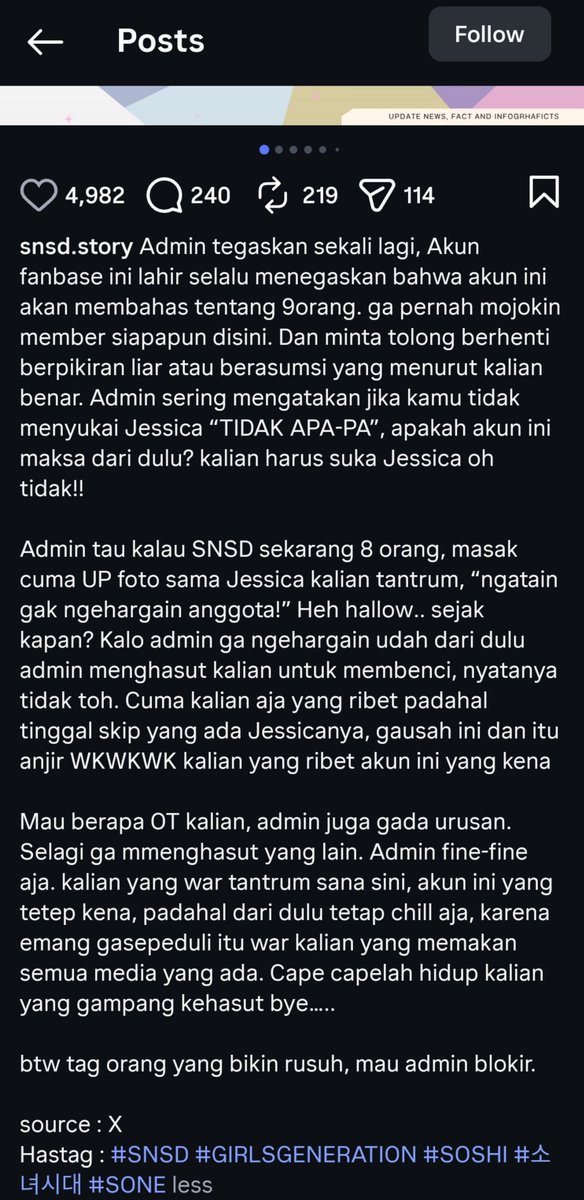 seomelier's tweet photo. Reaksi adminnya setelah banyak yang ingetin ga ngehargain member 

"admin tau kalau snsd sekarang 8 orang, masak cuma up foto sm si ex kalian tantrum" 

Blass tolol bgt ternyata wkwkwk https://t.co/JpiTvS80ax